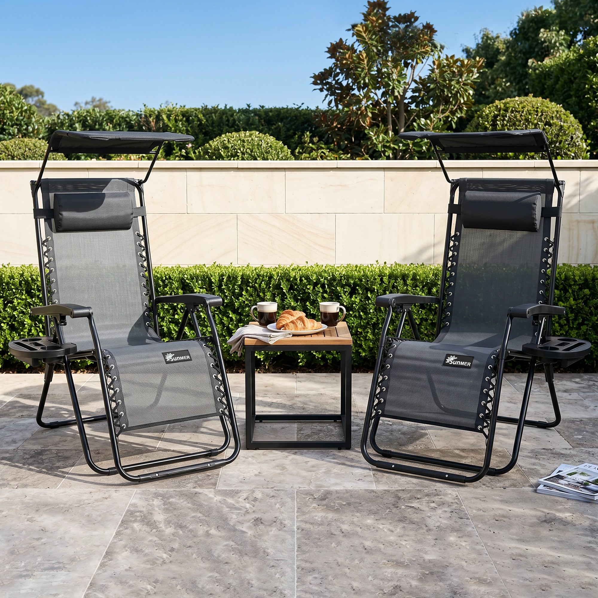 SUNMER Sun Lounger Reclining Garden Chairs with Cup and Phone Holder - Set of 2