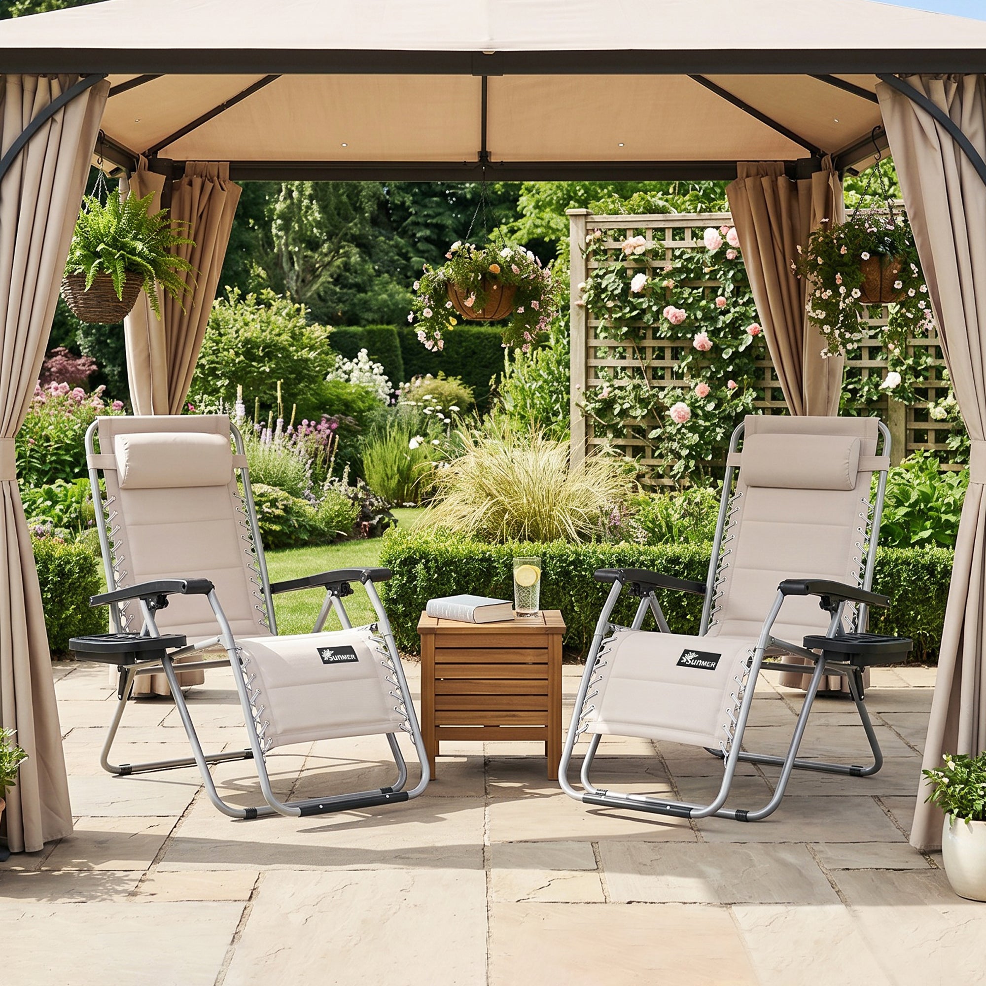 SUNMER Sun Lounger Reclining Garden Chairs with Cup and Phone Holder - Set of 2