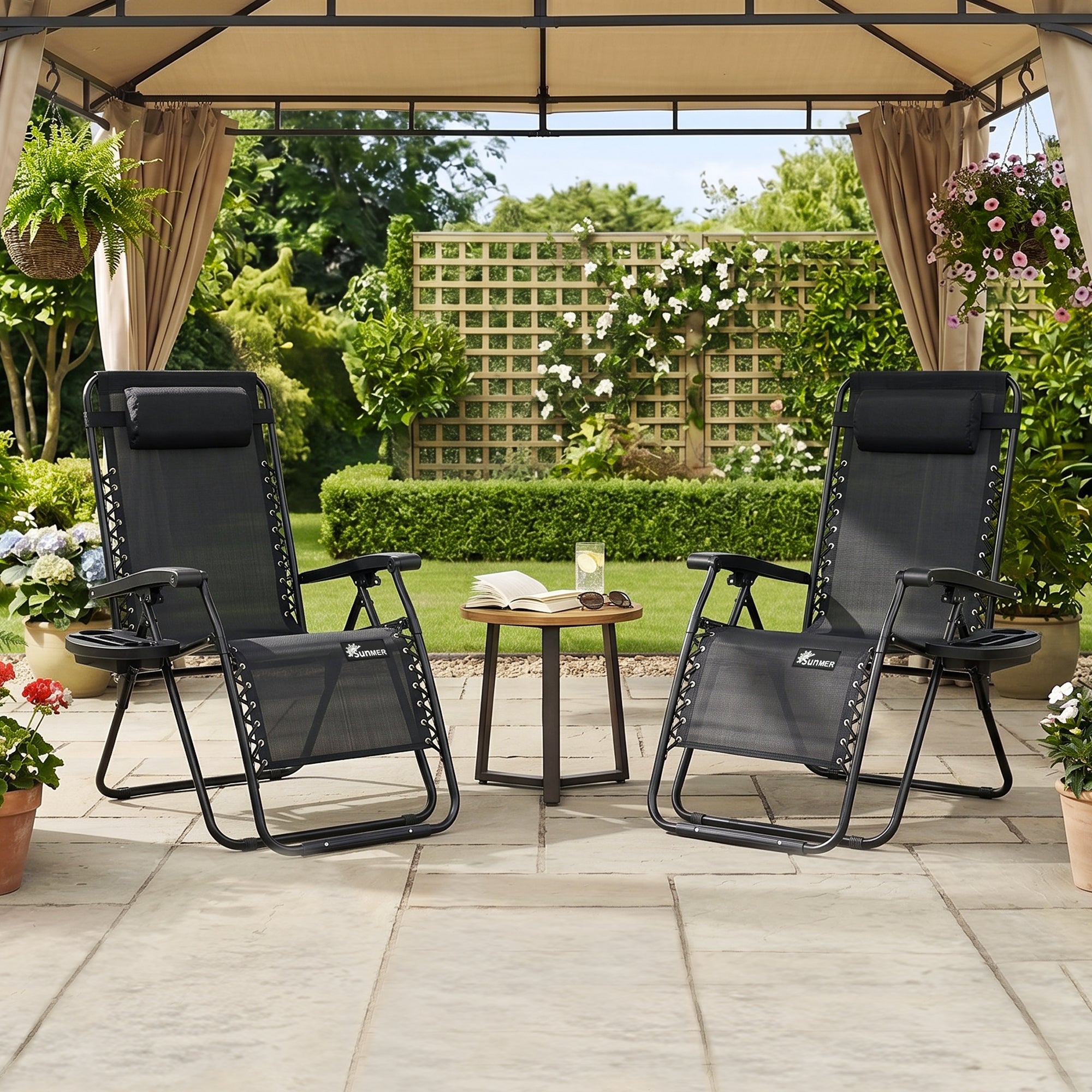 SUNMER Extra-Wide Reclining Garden Chairs with Cup and Phone Holder -  Set of 2