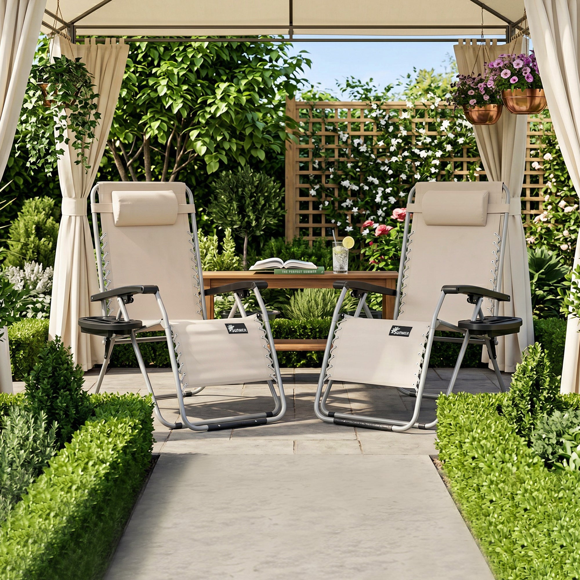SUNMER Extra-Wide Reclining Garden Chairs with Cup and Phone Holder -  Set of 2