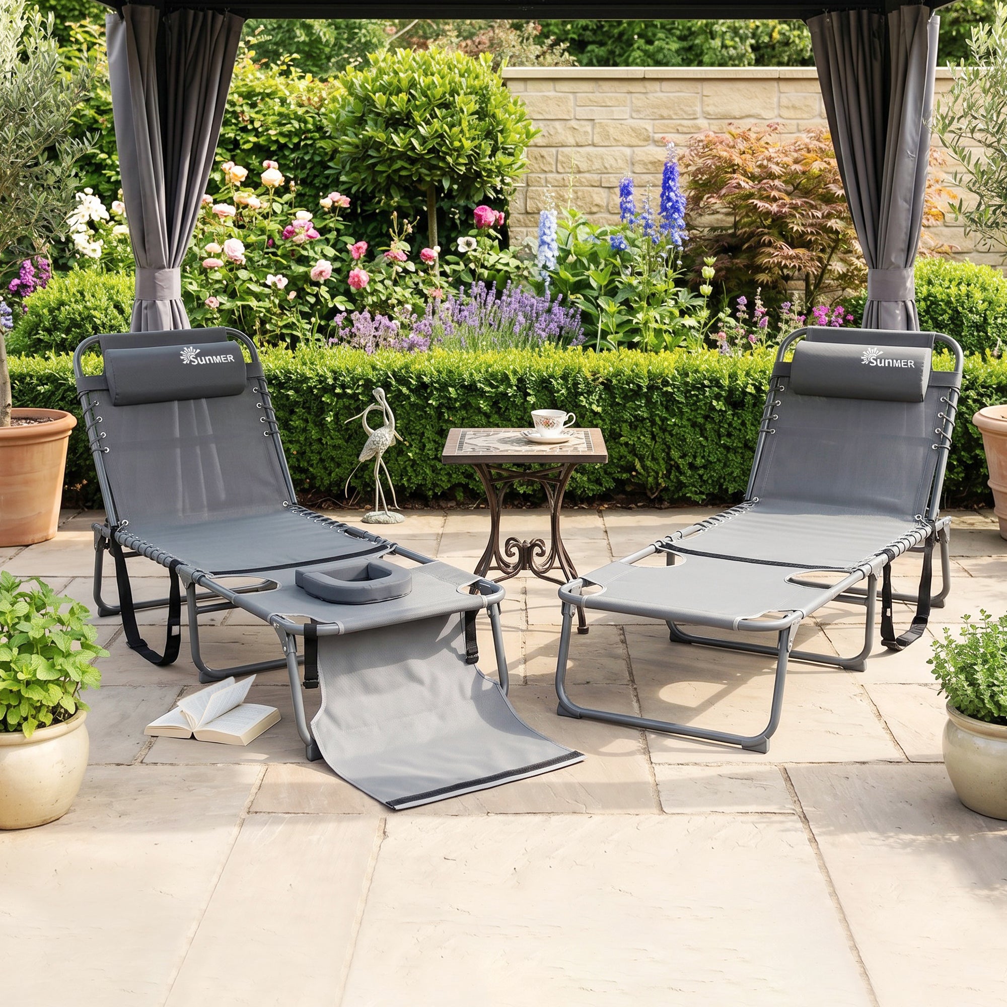 SUNMER Set of 2 Reclining Sun Loungers with Reading Hole