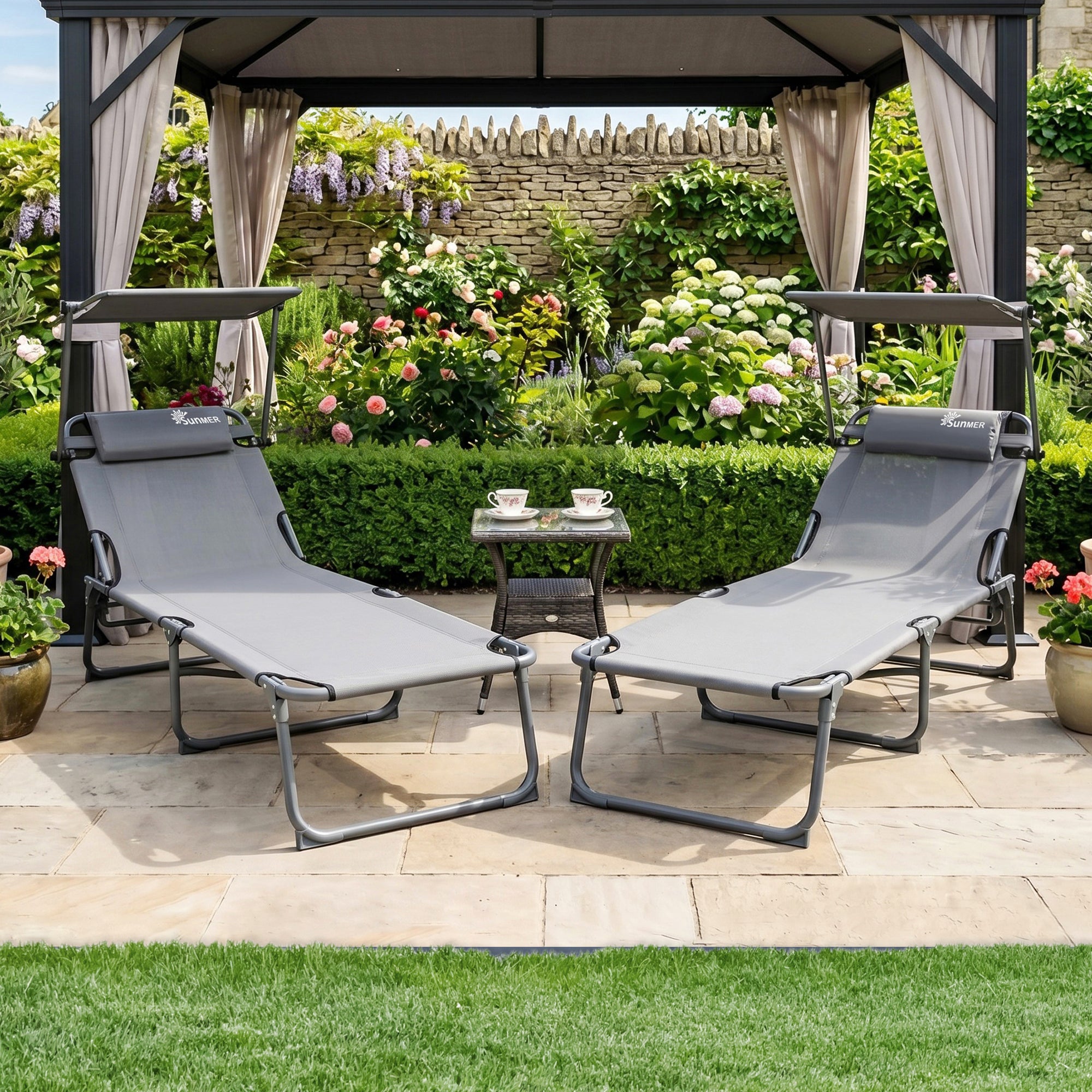 SUNMER Set of 2 Reclining Sun Loungers – Folding Garden Sunbeds with Canopy and Adjustable Backrest