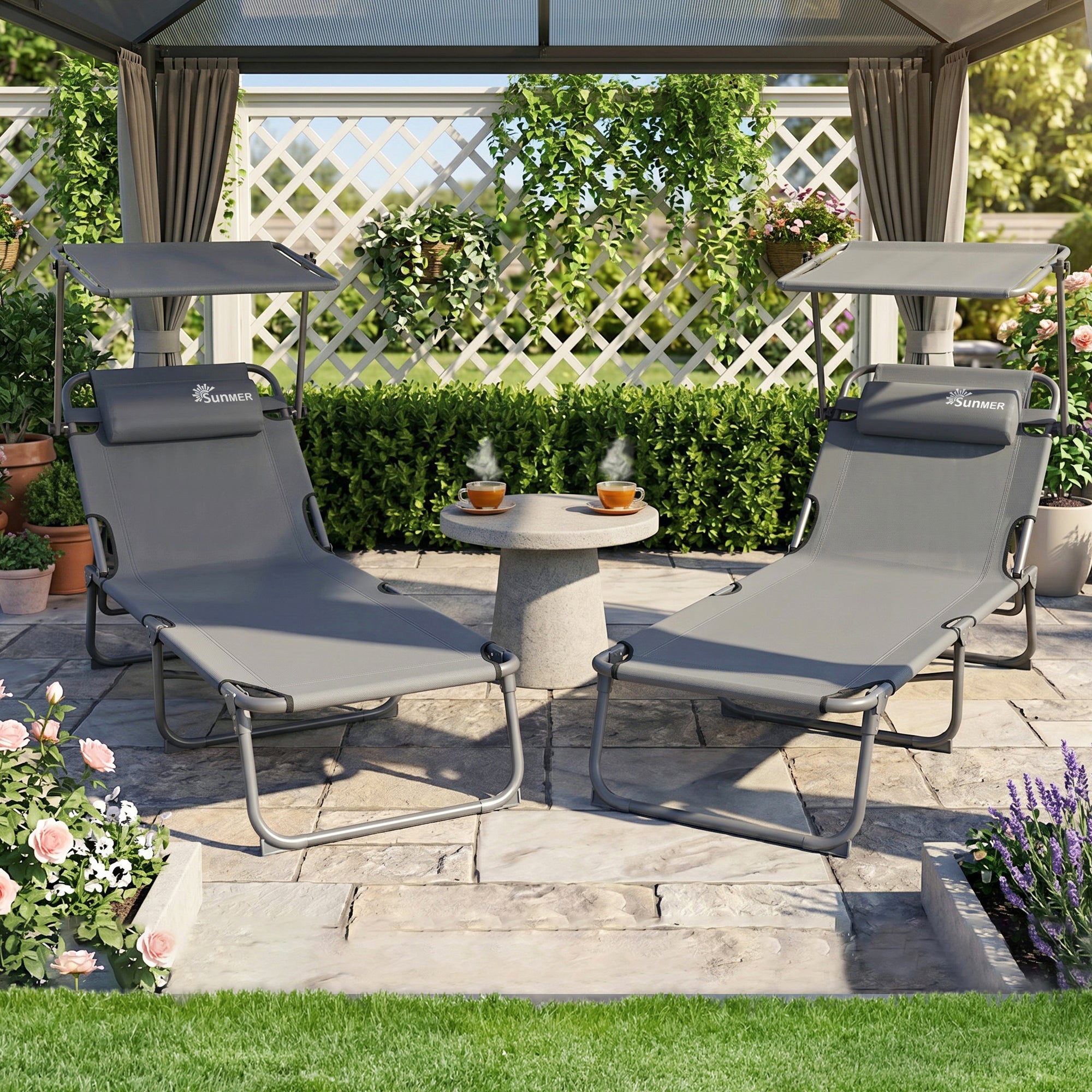 SUNMER Set of 2 Extra-Wide Reclining Sun Loungers – Folding Garden Sunbeds with Canopy and Adjustable Backrest