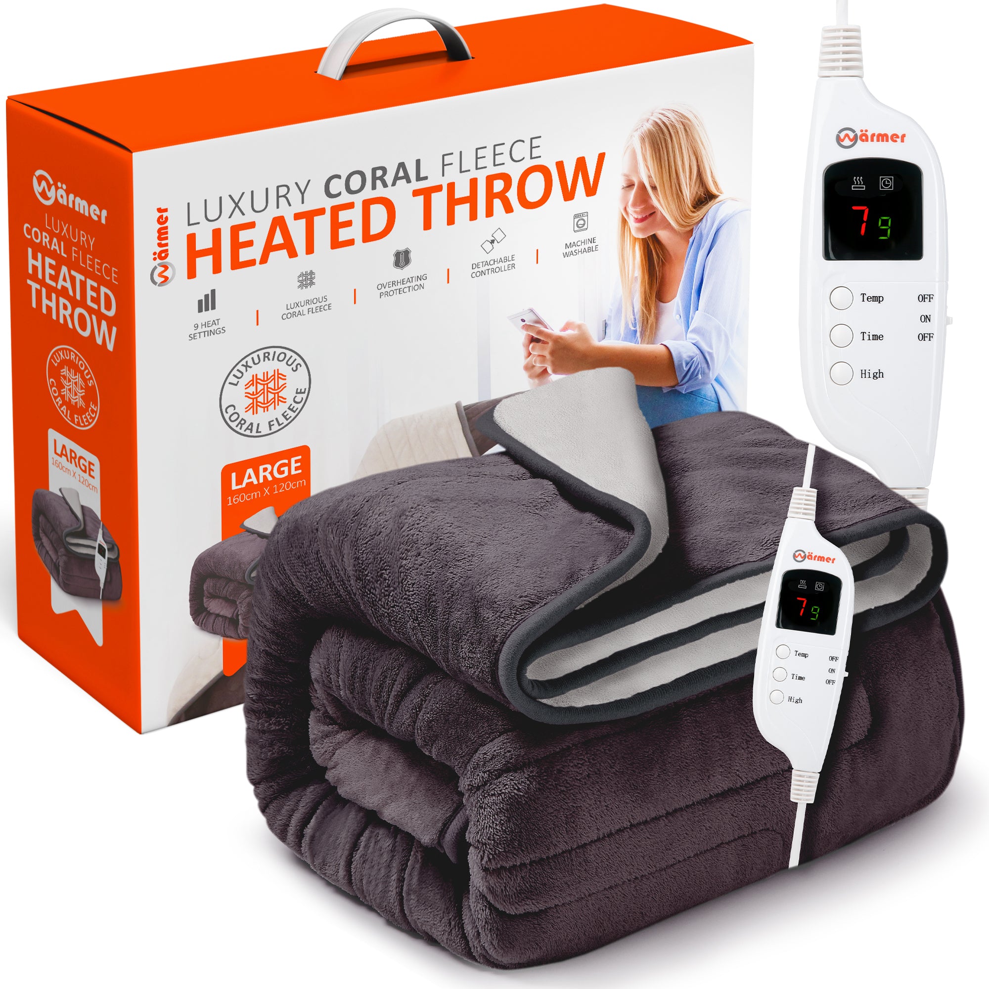 Wärmer Electric Heated Throw Blanket Digital Controller Timer, 9 Heat Setting, Auto Shutoff