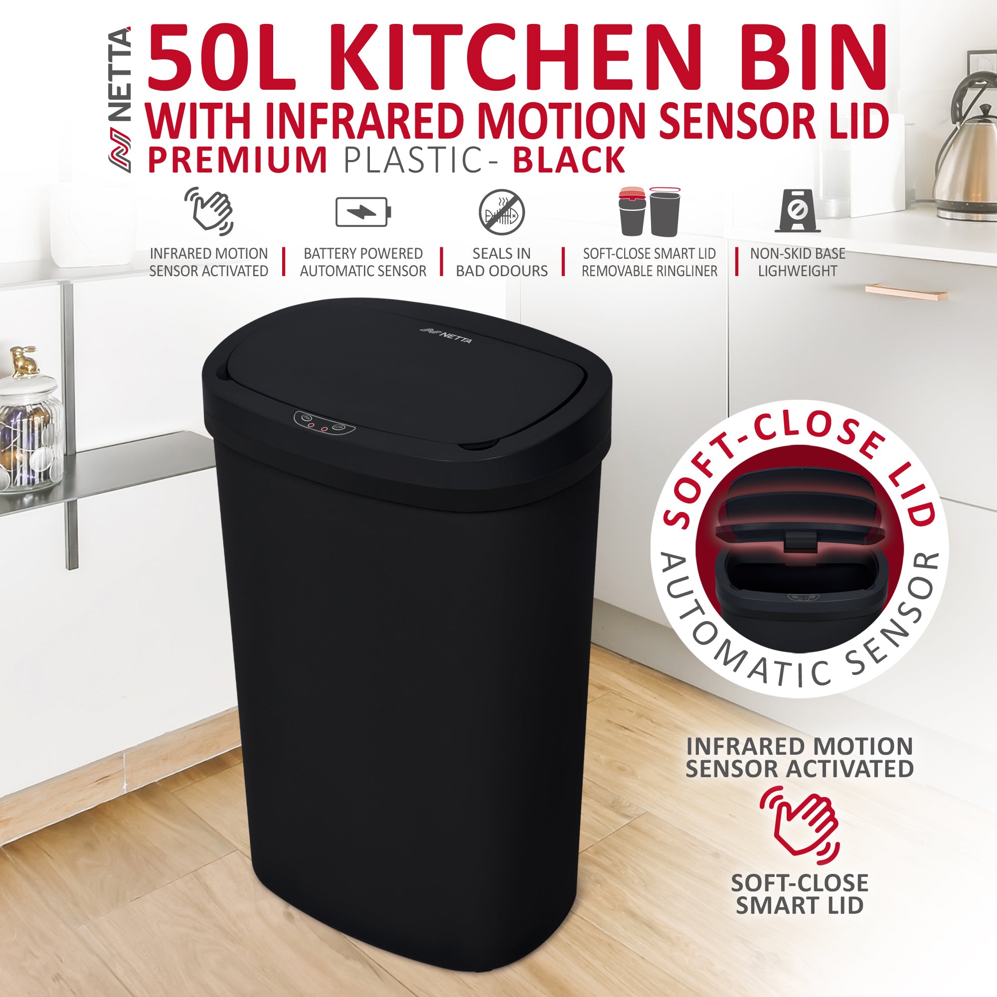 NETTA 50L Plastic Sensor Bin for Kitchen