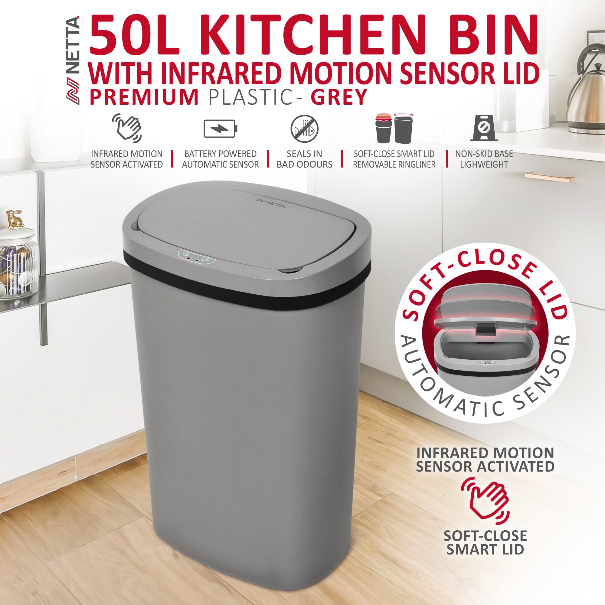 NETTA 50L Plastic Sensor Bin for Kitchen