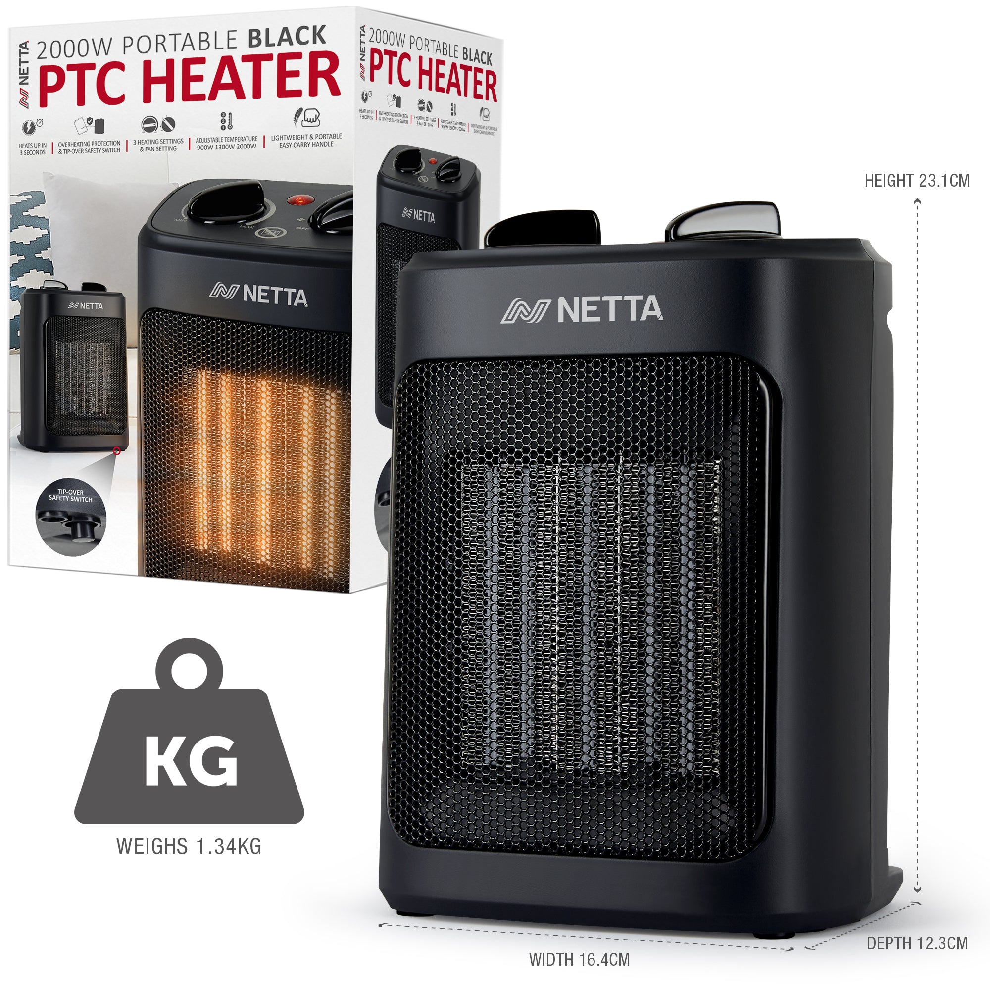 NETTA Heater Ceramic Fan Heater 3 Heat Settings Overheat Protection 2000W