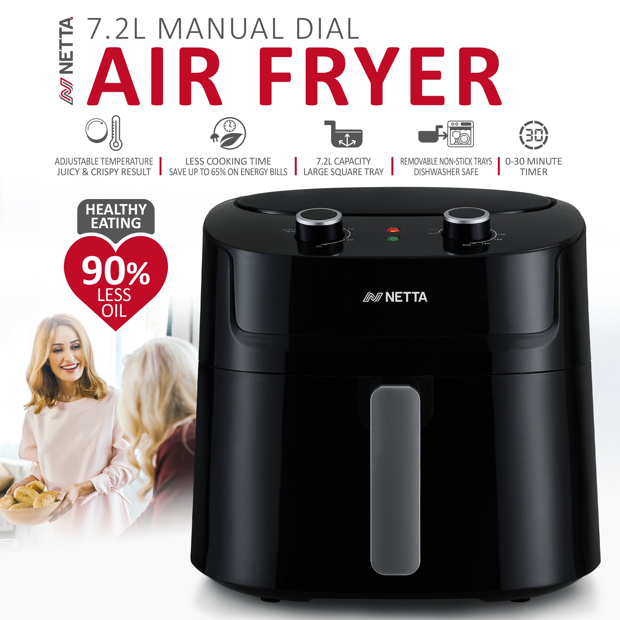 NETTA Manual Air Fryer with Drawer and Detachable Non-Stick Frying Tray