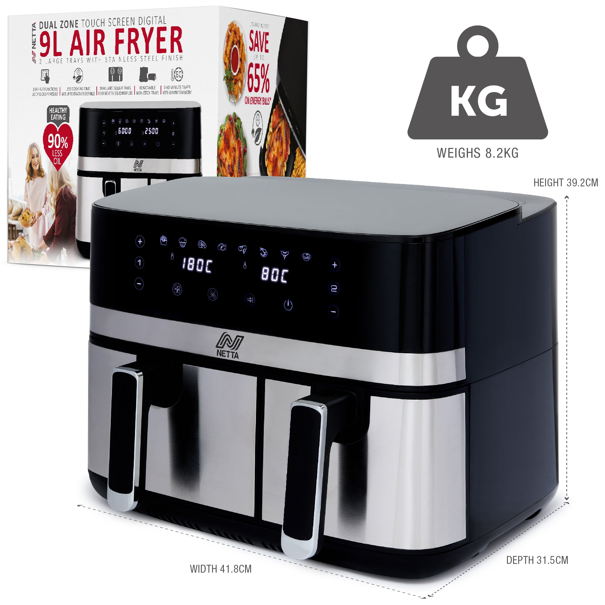 NETTA 9L Dual Basket Air Fryer with Digital Smart Programmes