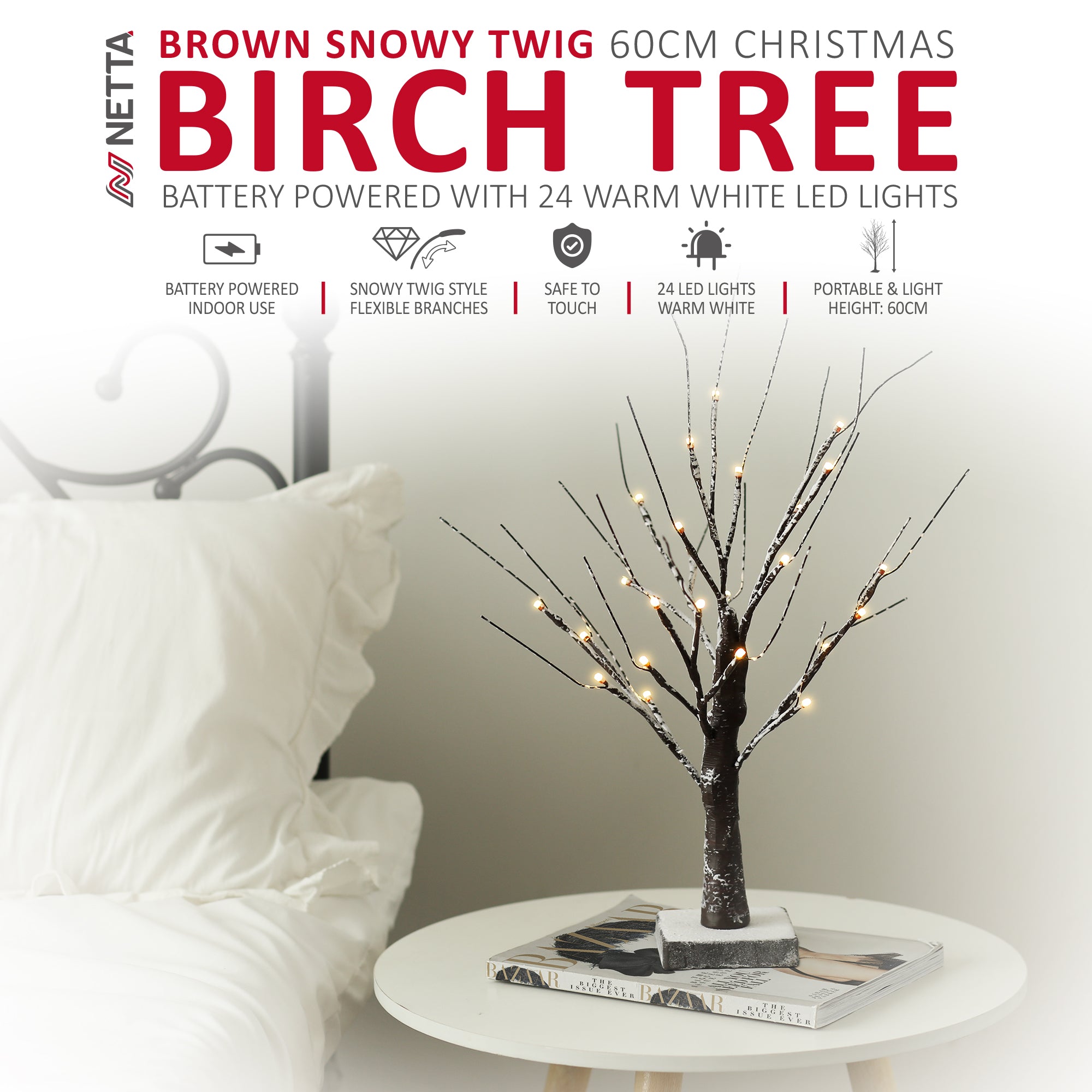 NETTA 2FT Birch Twig Tree - Pre-Lit with 24 Warm White LEDs