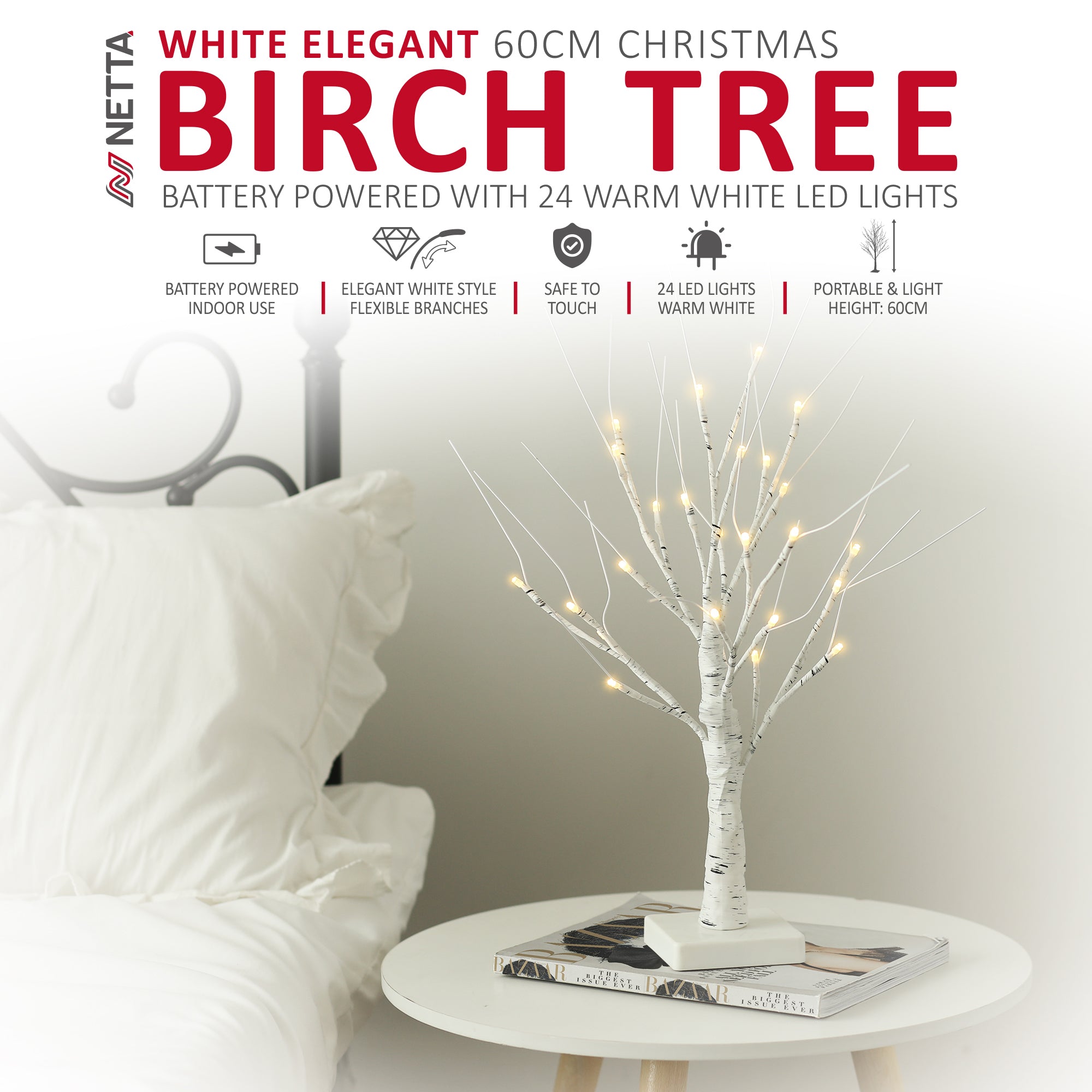 NETTA 2FT Birch Twig Tree - Pre-Lit with 24 Warm White LEDs