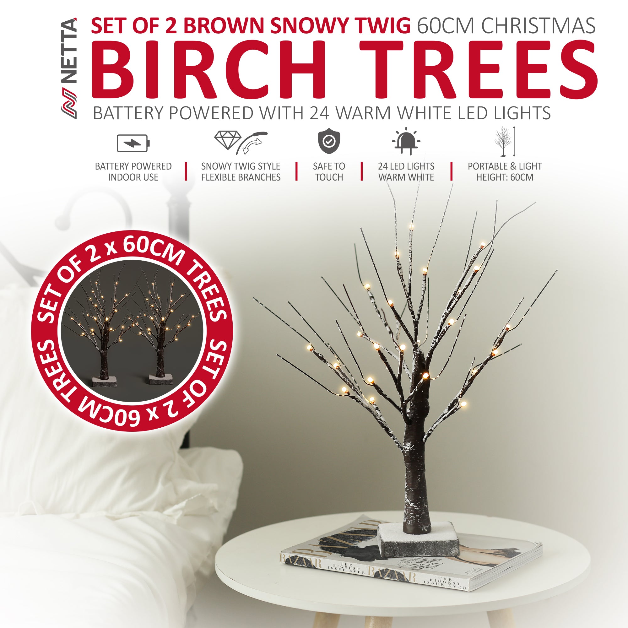 NETTA 2FT Birch Twig Tree - Pre-Lit with 24 Warm White LEDs