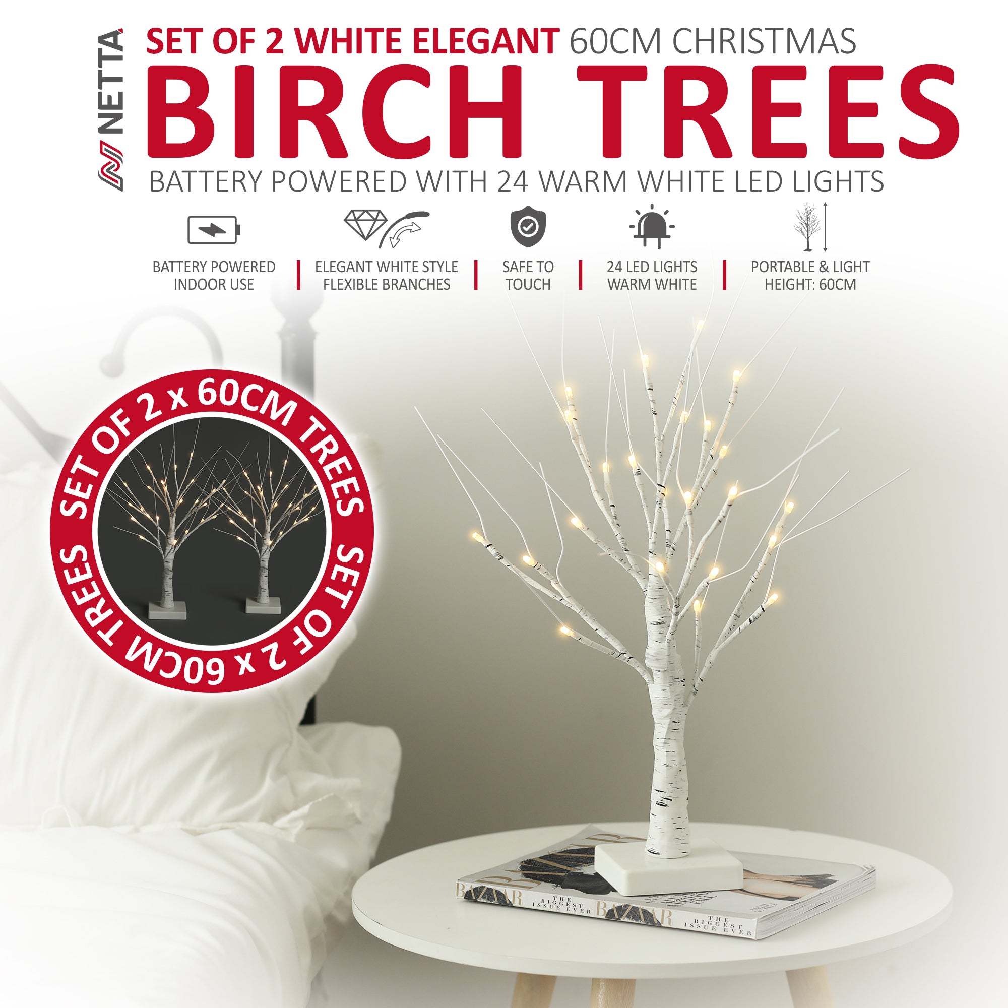 NETTA 2FT Birch Twig Tree - Pre-Lit with 24 Warm White LEDs