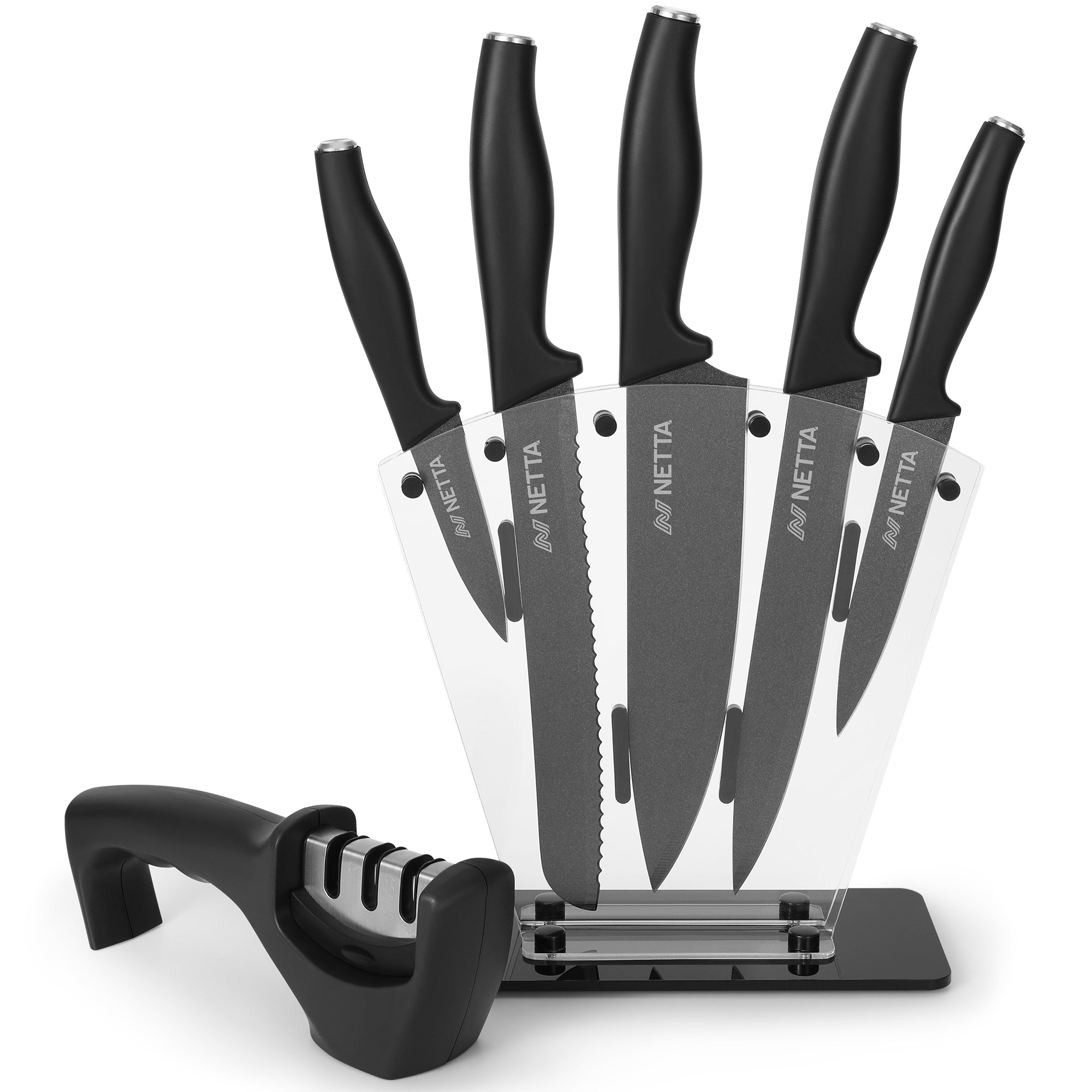 NETTA 6 Piece Stainless Steel Knife Set with Clear Storage Block - Black