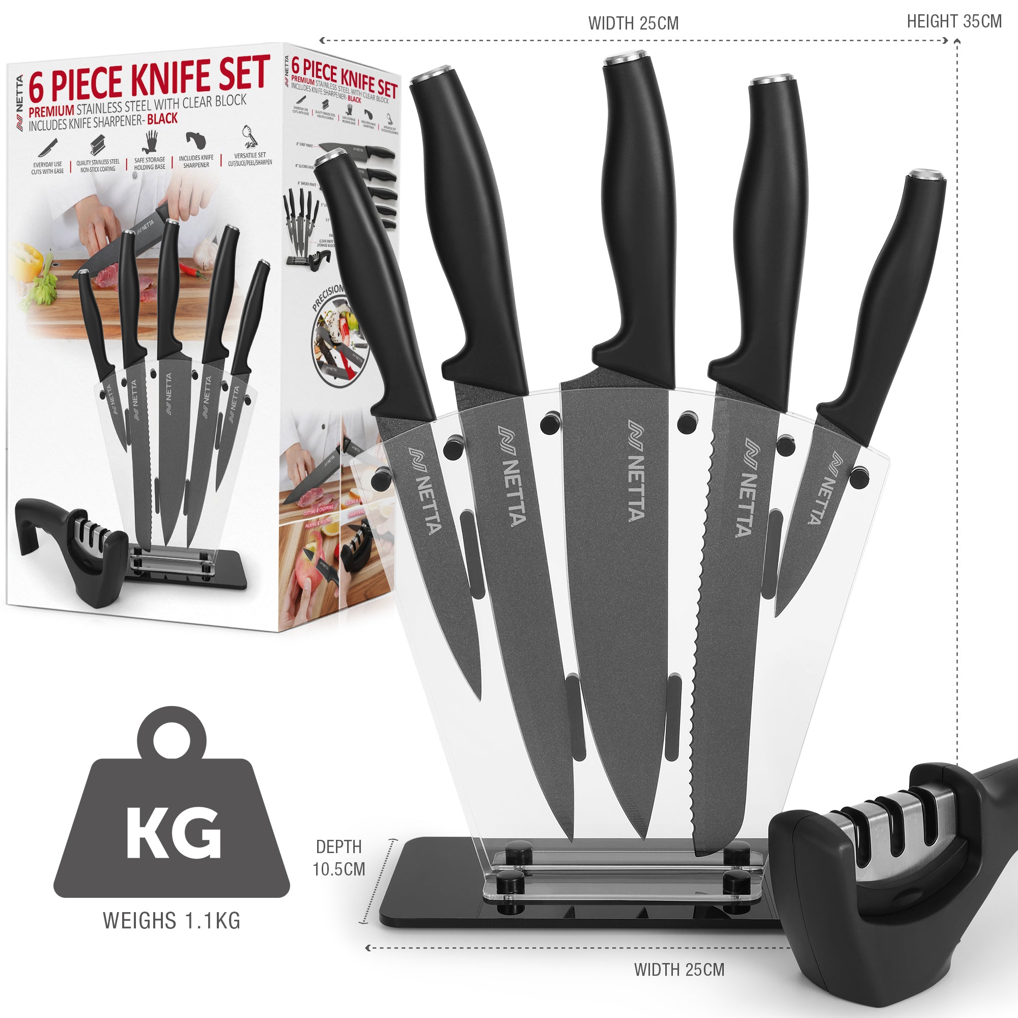 NETTA 6 Piece Stainless Steel Knife Set with Clear Storage Block - Black