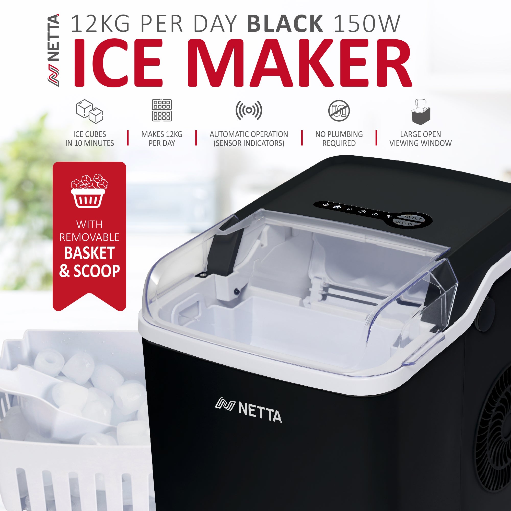 NETTA Ice Maker Machine with 1.2L Tank - Makes 12KG of Ice per Day