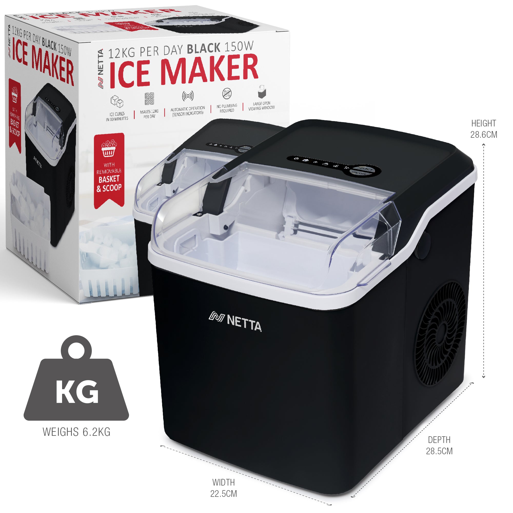 NETTA Ice Maker Machine with 1.2L Tank - Makes 12KG of Ice per Day