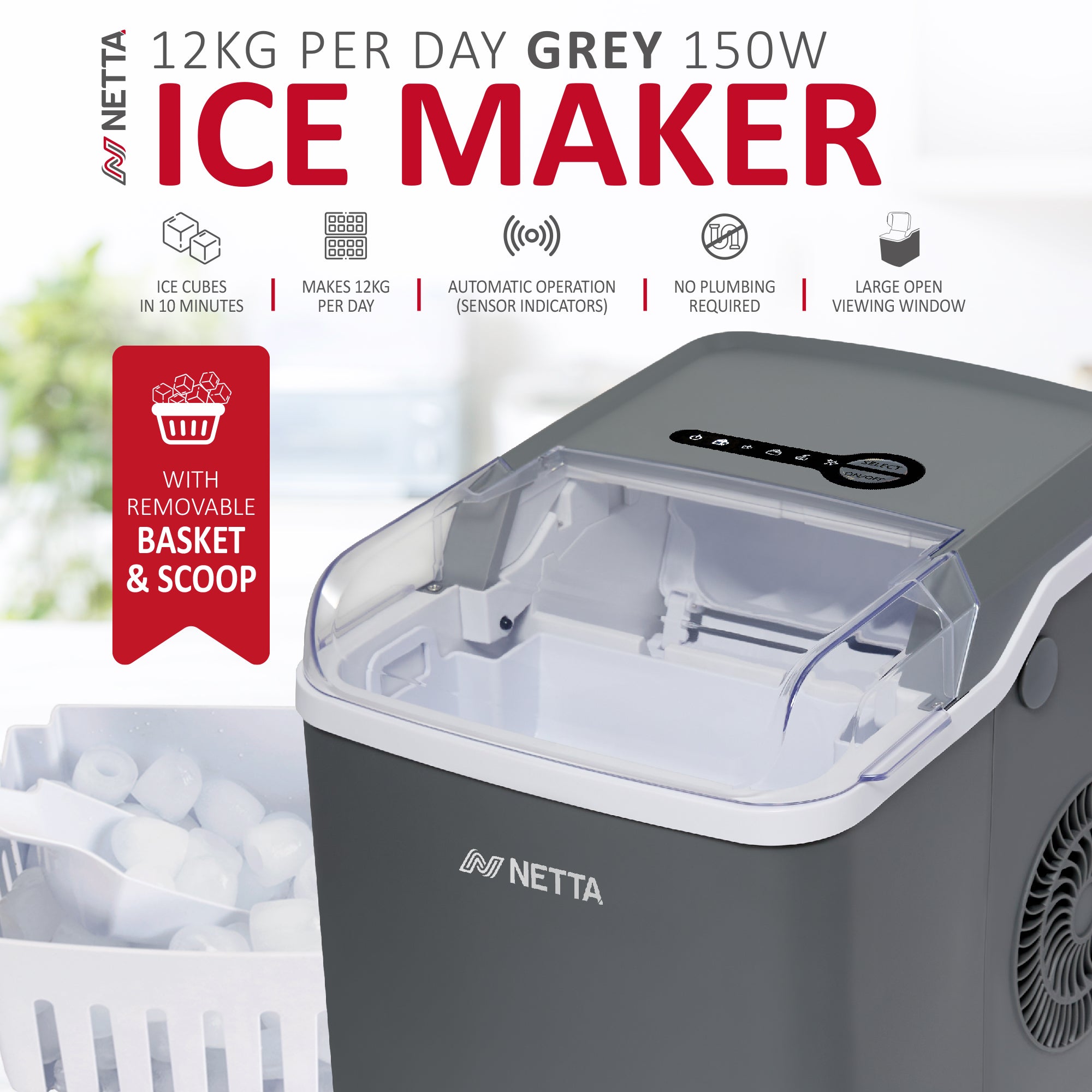 NETTA Ice Maker Machine with 1.2L Tank - Makes 12KG of Ice per Day