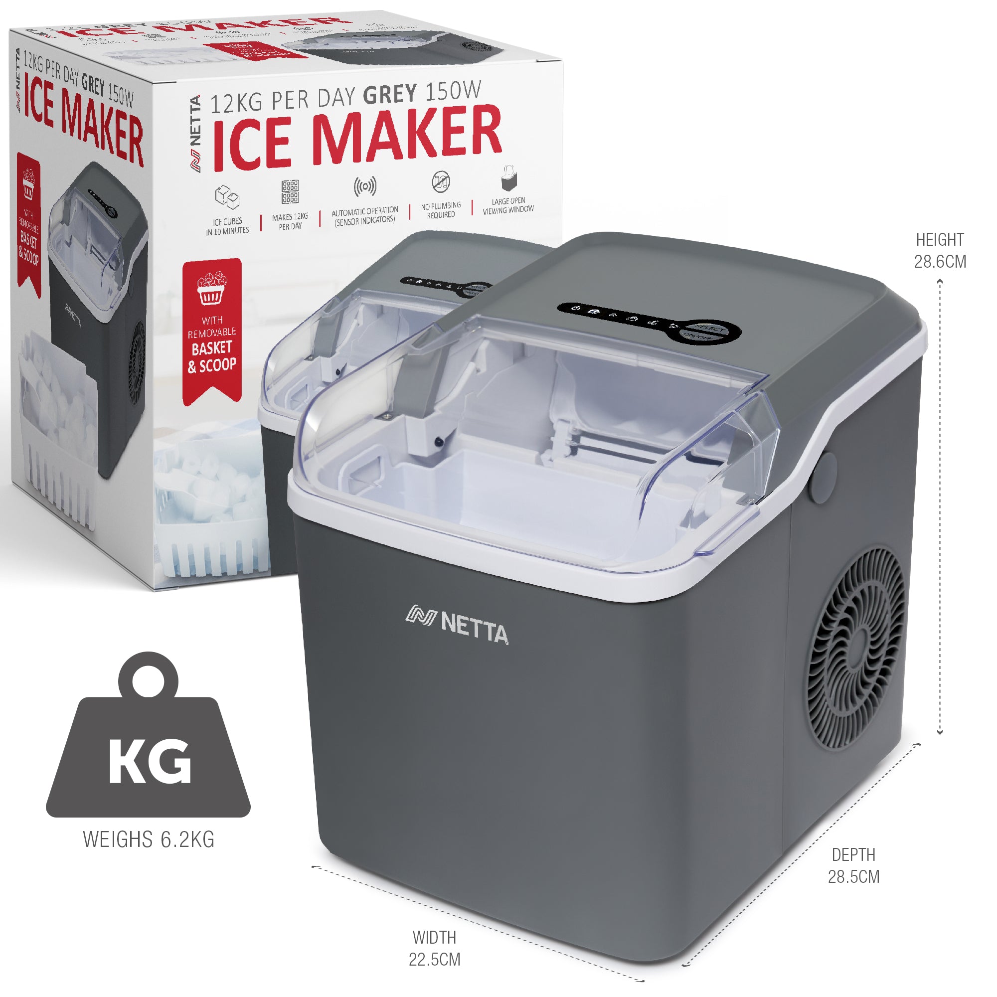 NETTA Ice Maker Machine with 1.2L Tank - Makes 12KG of Ice per Day