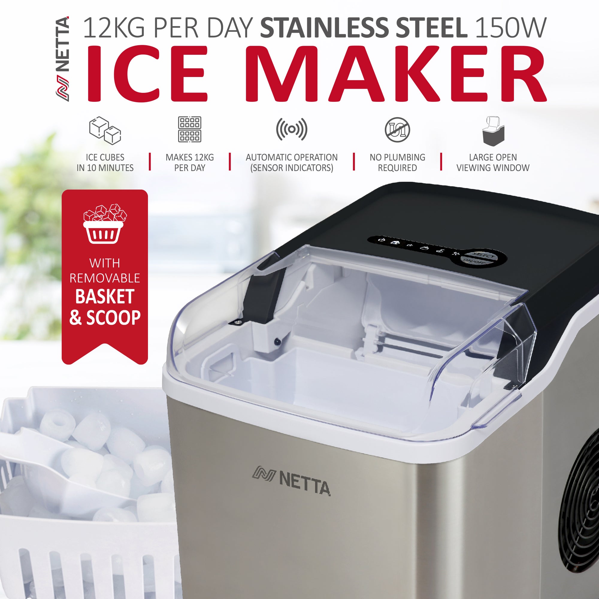 NETTA Ice Maker Machine with 1.2L Tank - Makes 12KG of Ice per Day