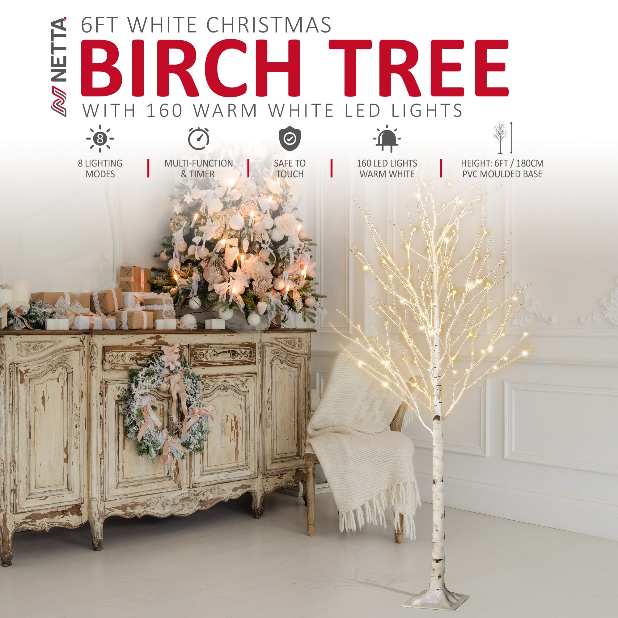 NETTA 6FT Pre-Lit Birch Tree with Warm White LEDs - White