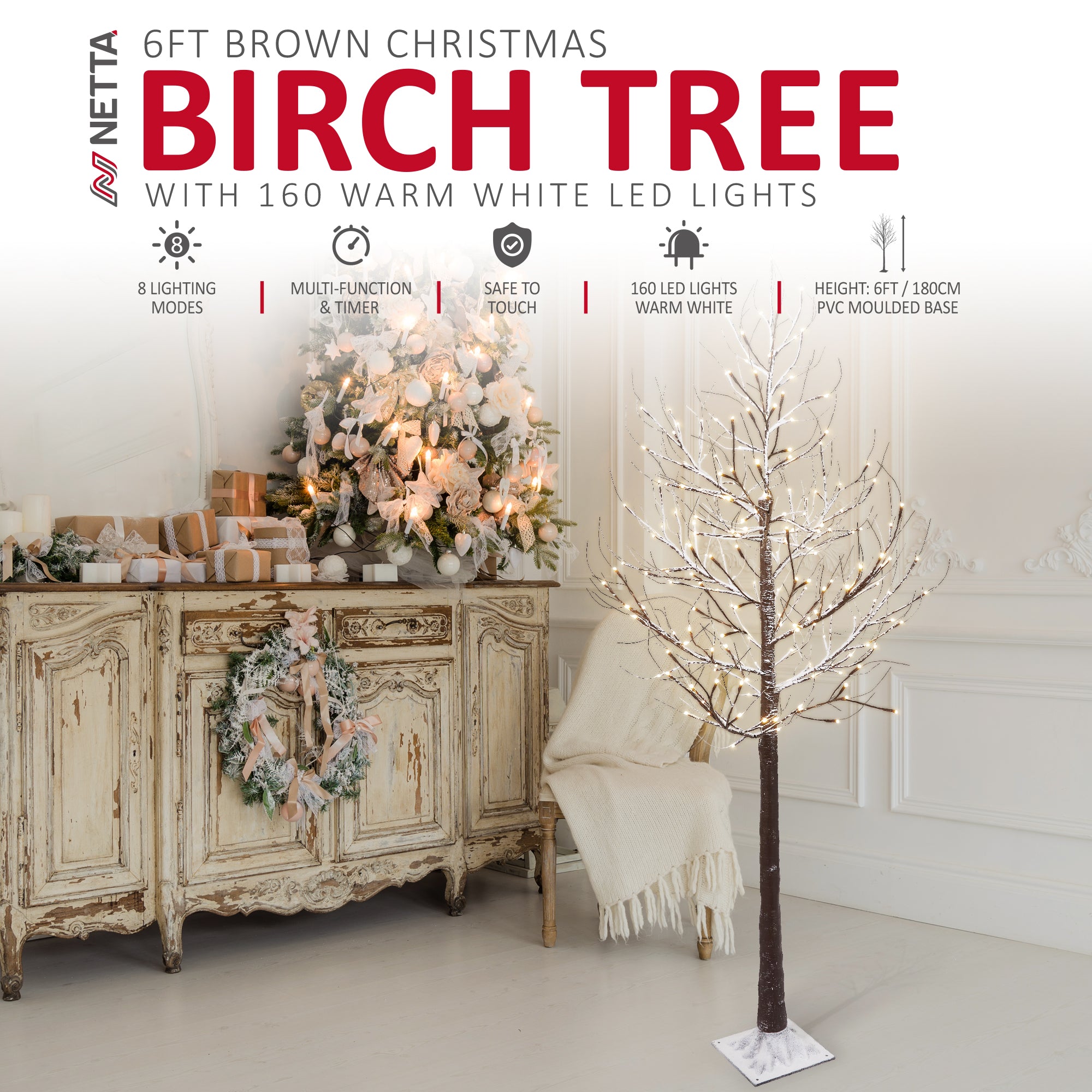 NETTA Birch Twig Tree with Warm White LED Lights - Brown