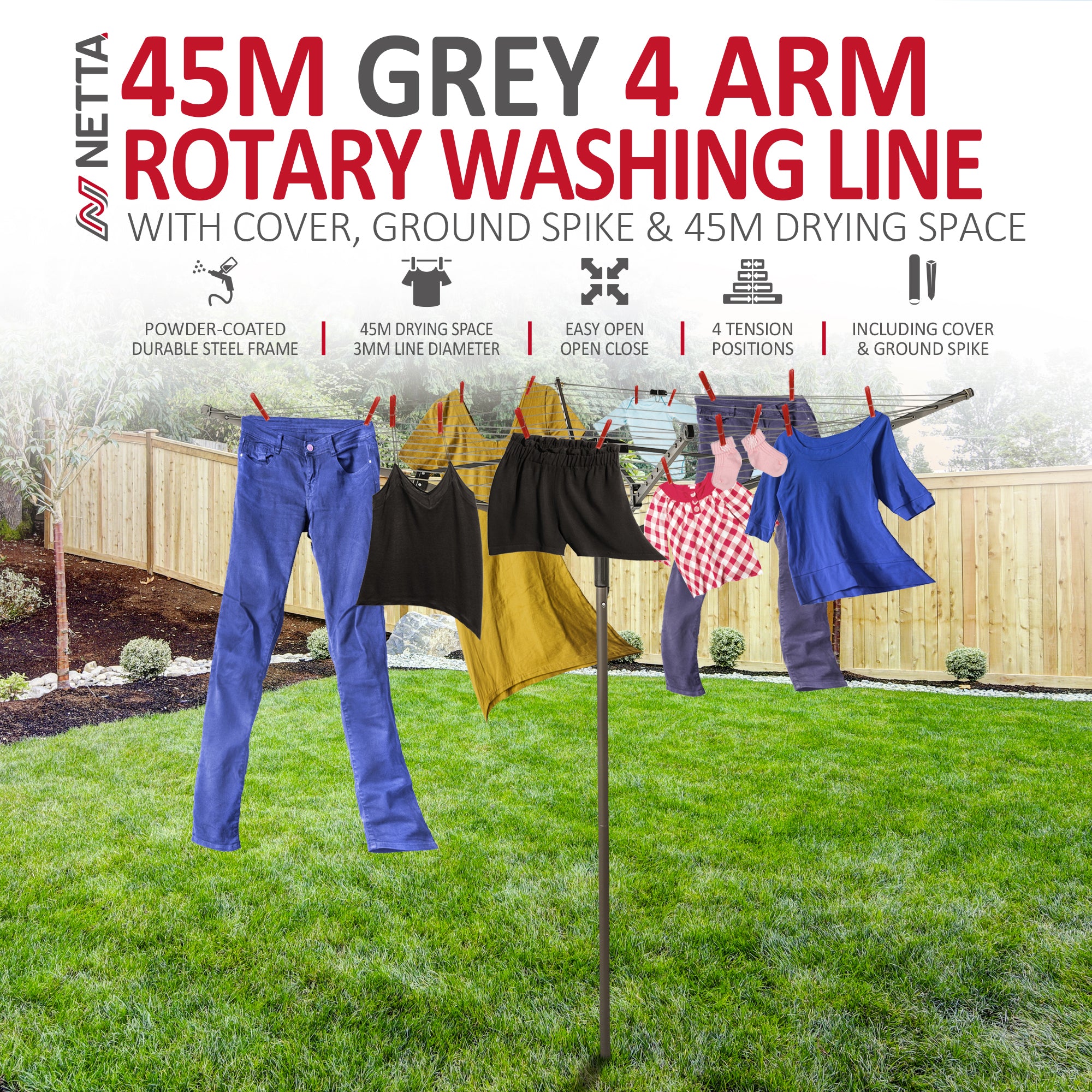 NETTA 45M Rotary Washing Line Airer - Cover And Ground Spike Included