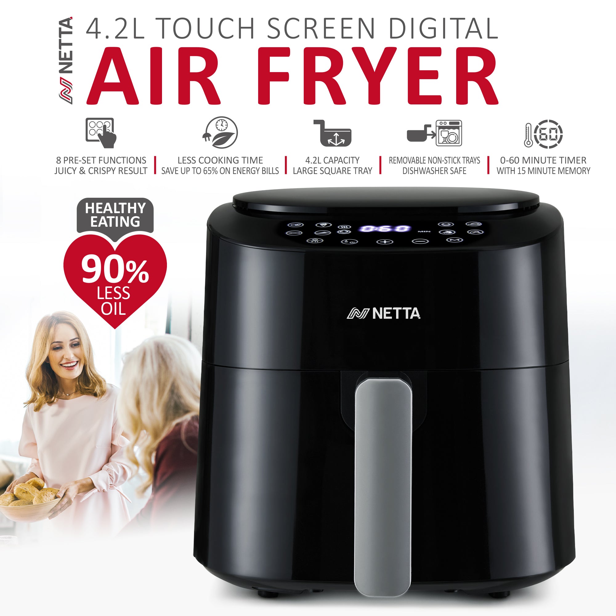 NETTA Digital Air Fryer with Drawer and Detachable Non-Stick Frying Tray