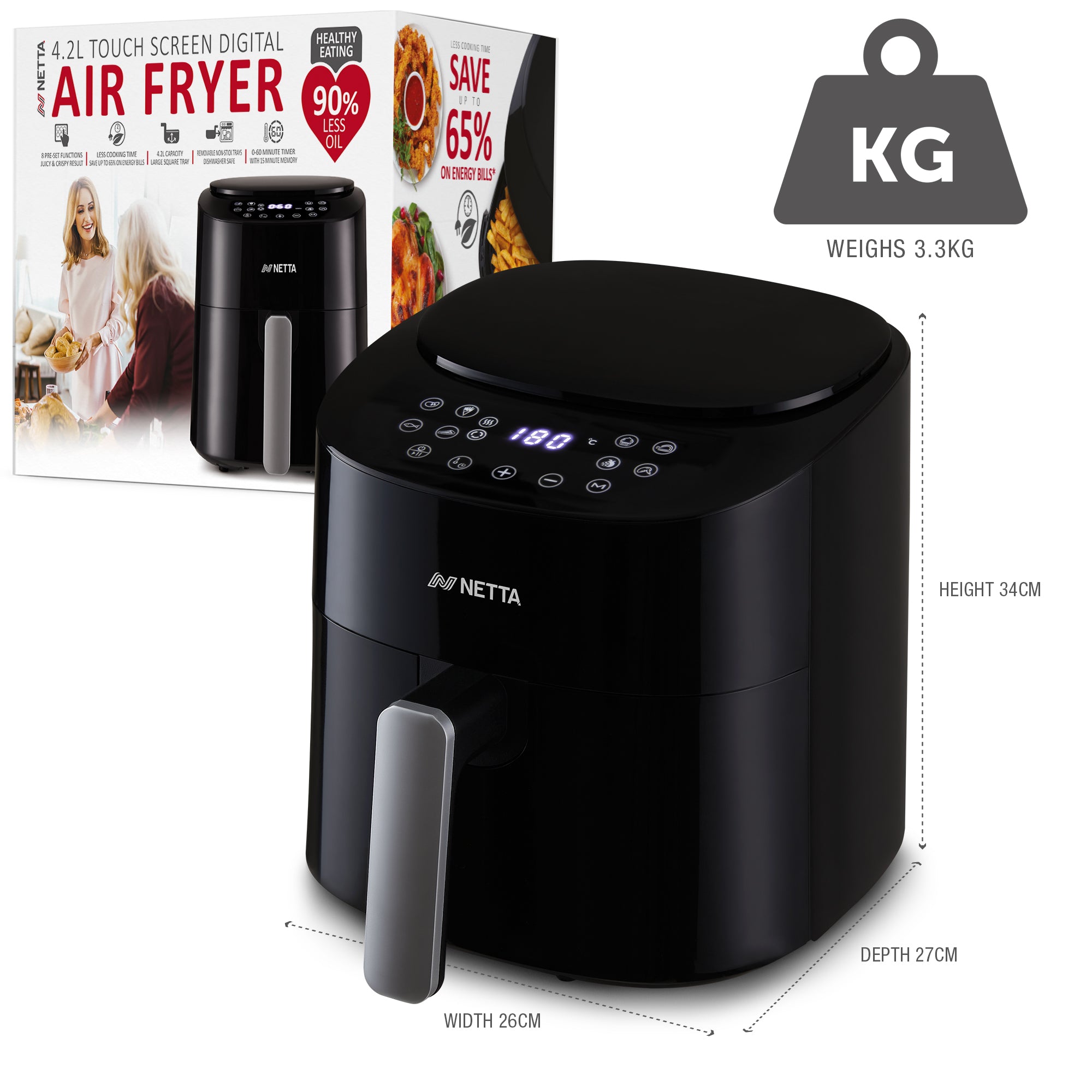 NETTA Digital Air Fryer with Drawer and Detachable Non-Stick Frying Tray