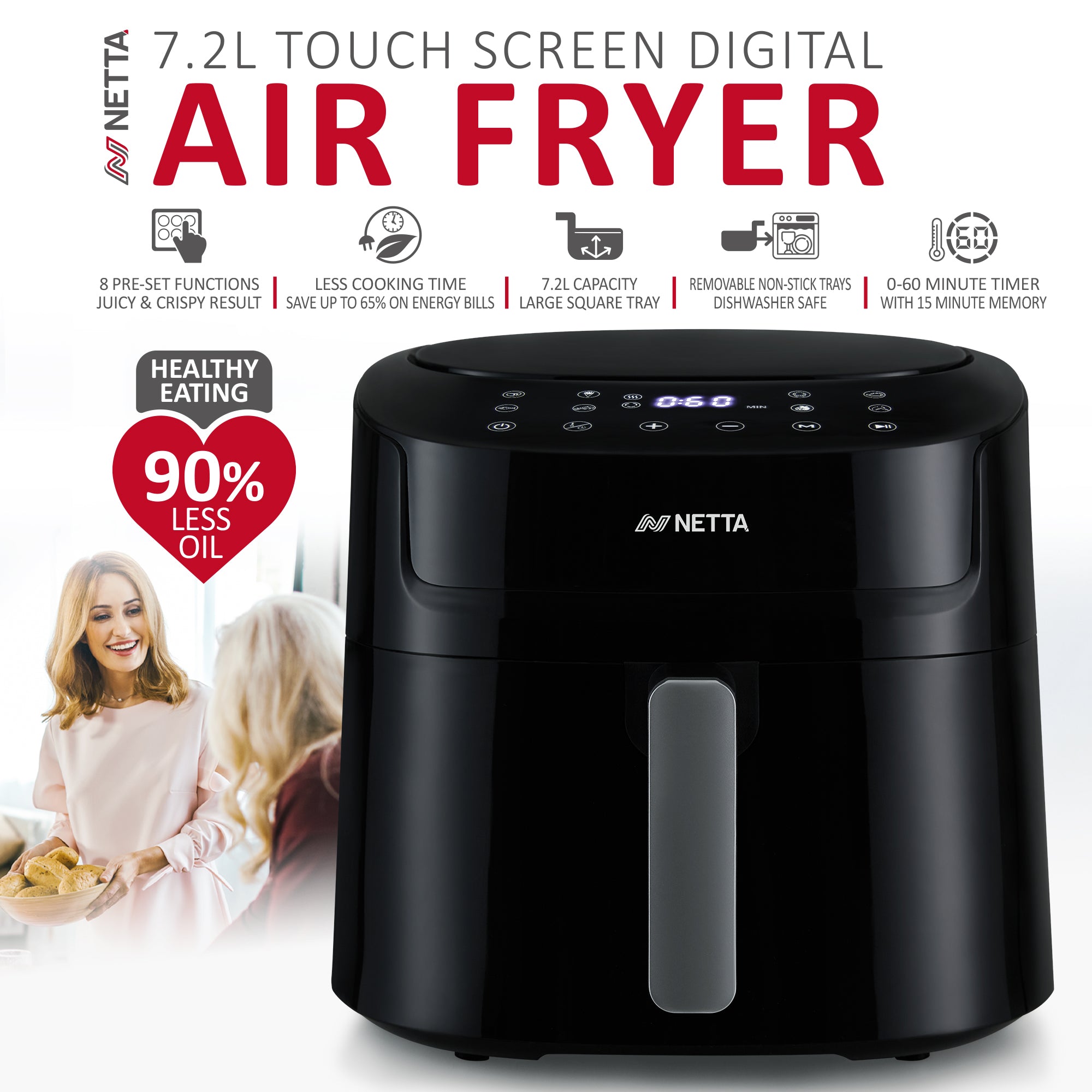 NETTA Digital Air Fryer with Drawer and Detachable Non-Stick Frying Tray