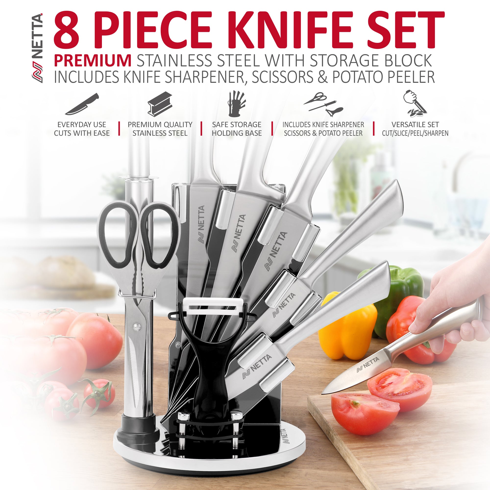 NETTA 8 Piece Stainless Steel Knife Set with Revolving Stand