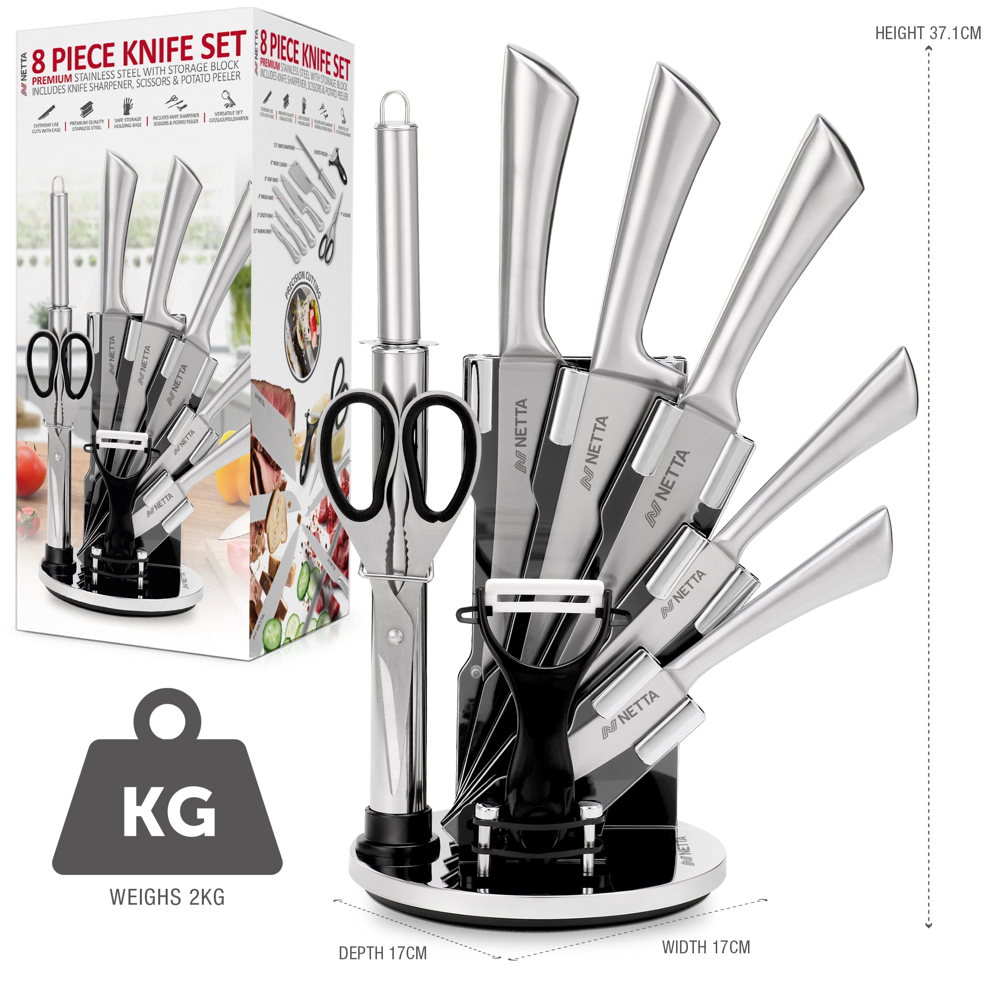 NETTA 8 Piece Stainless Steel Knife Set with Revolving Stand