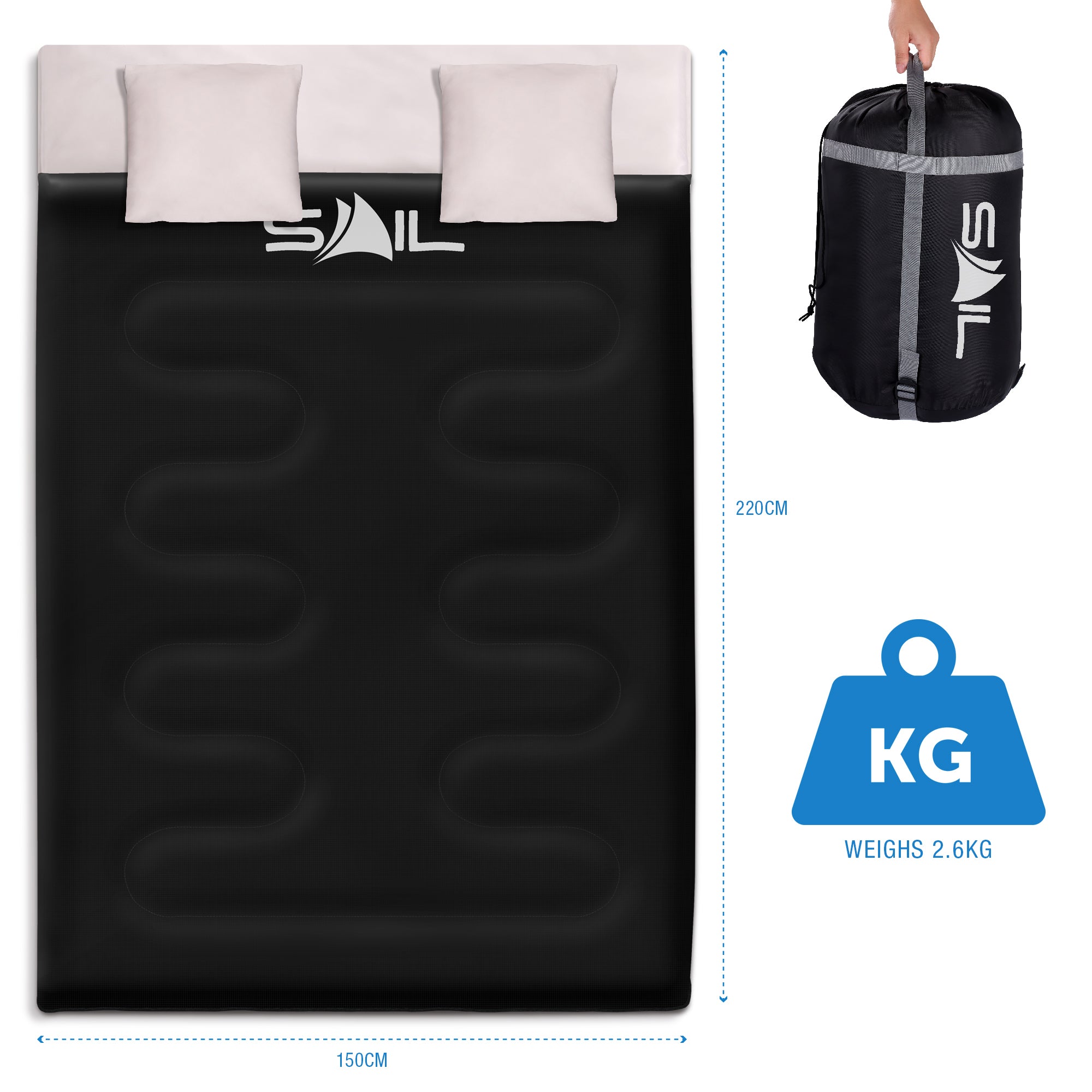 SAIL 'Buddy' Double Sleeping Bag with 2 Pillows - Extra Large for 3-4 Season