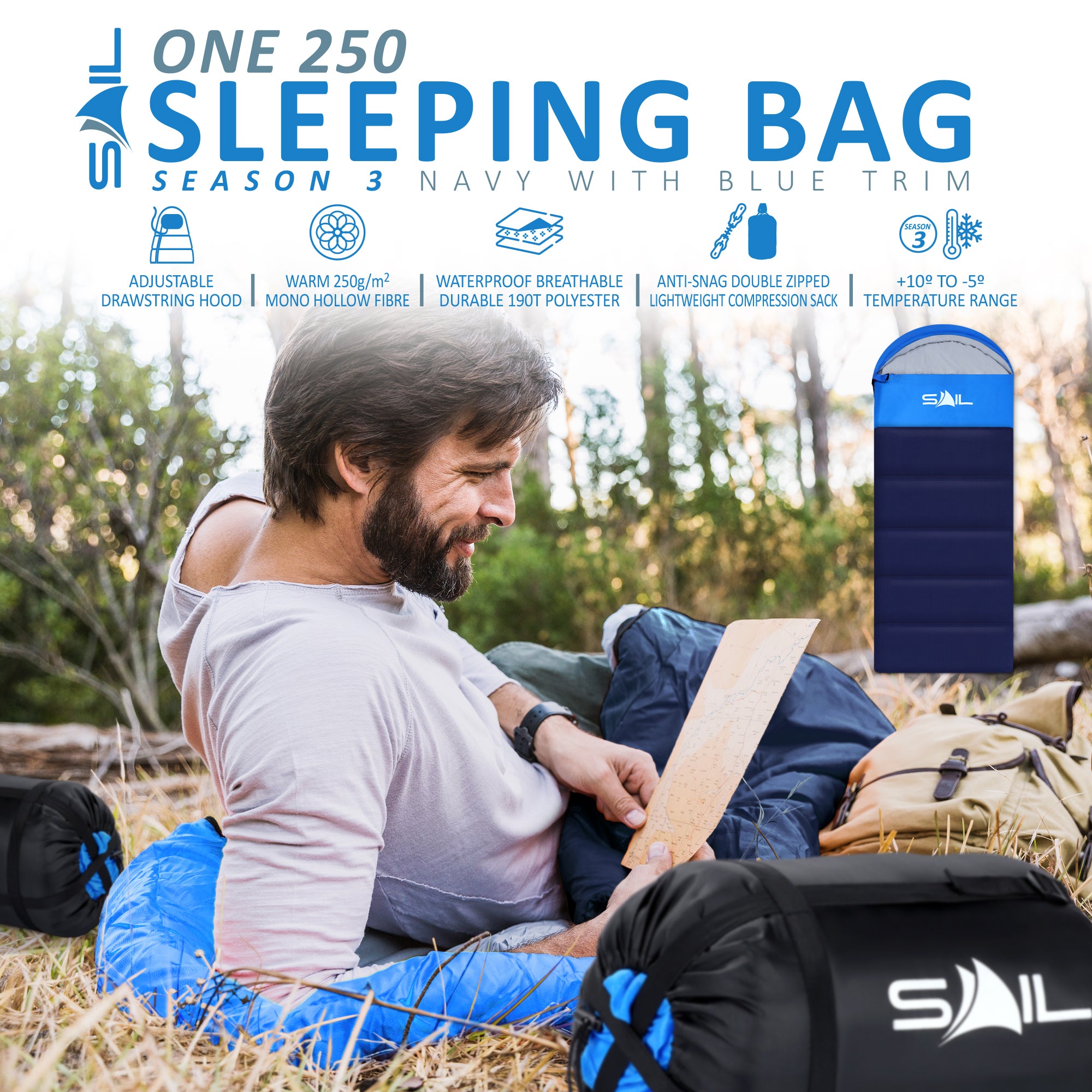 SAIL 'One' Waterproof Sleeping Bag 3-4 Season Indoor & Outdoor Camping Hiking