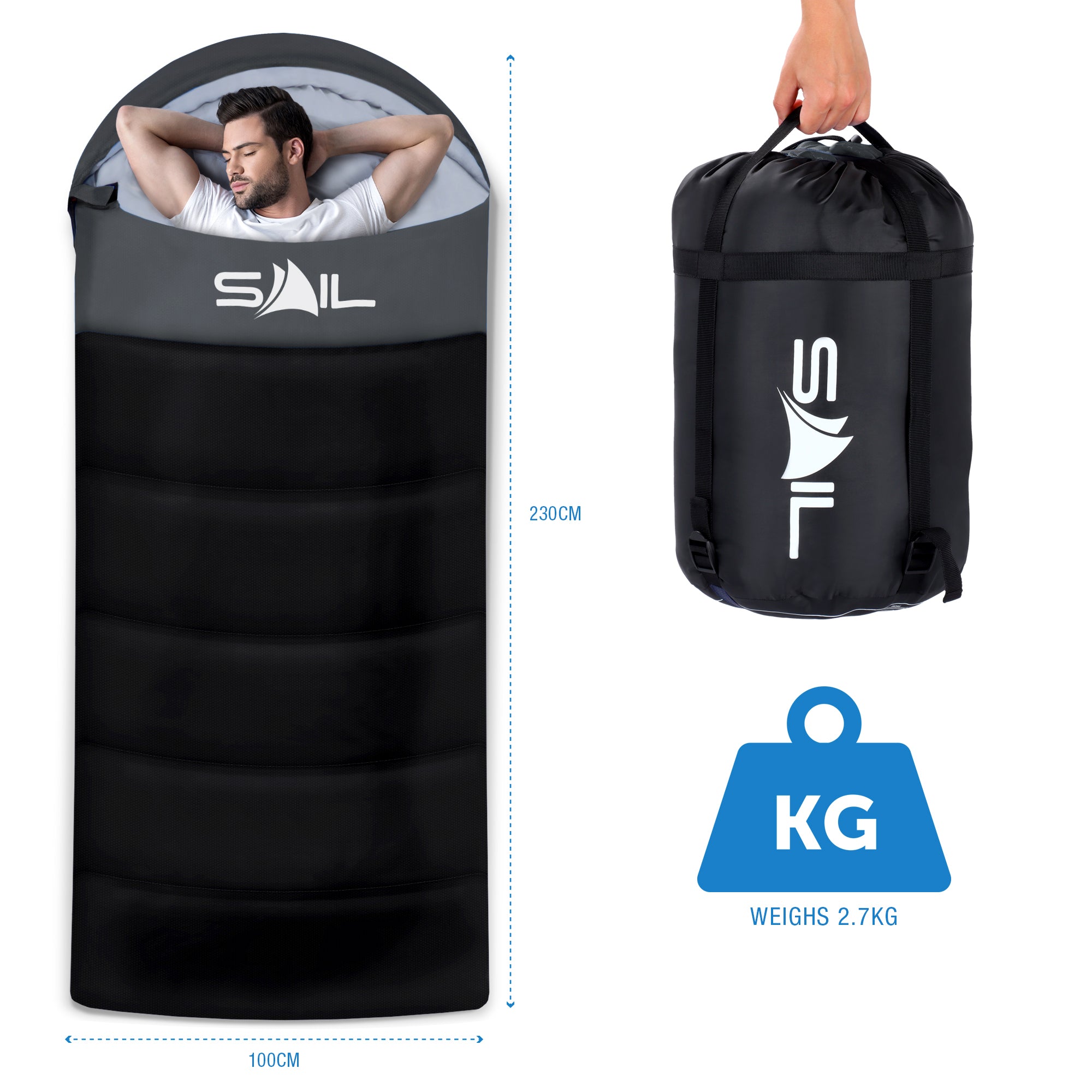 SAIL 'One X' Waterproof Sleeping Bag - Extra Wide for Big & Tall People - 3-4 Season