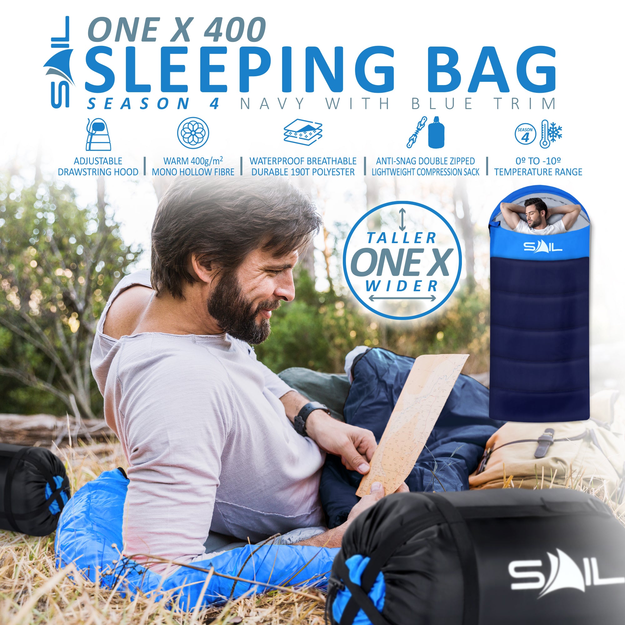 SAIL 'One X' Waterproof Sleeping Bag - Extra Wide for Big & Tall People - 3-4 Season