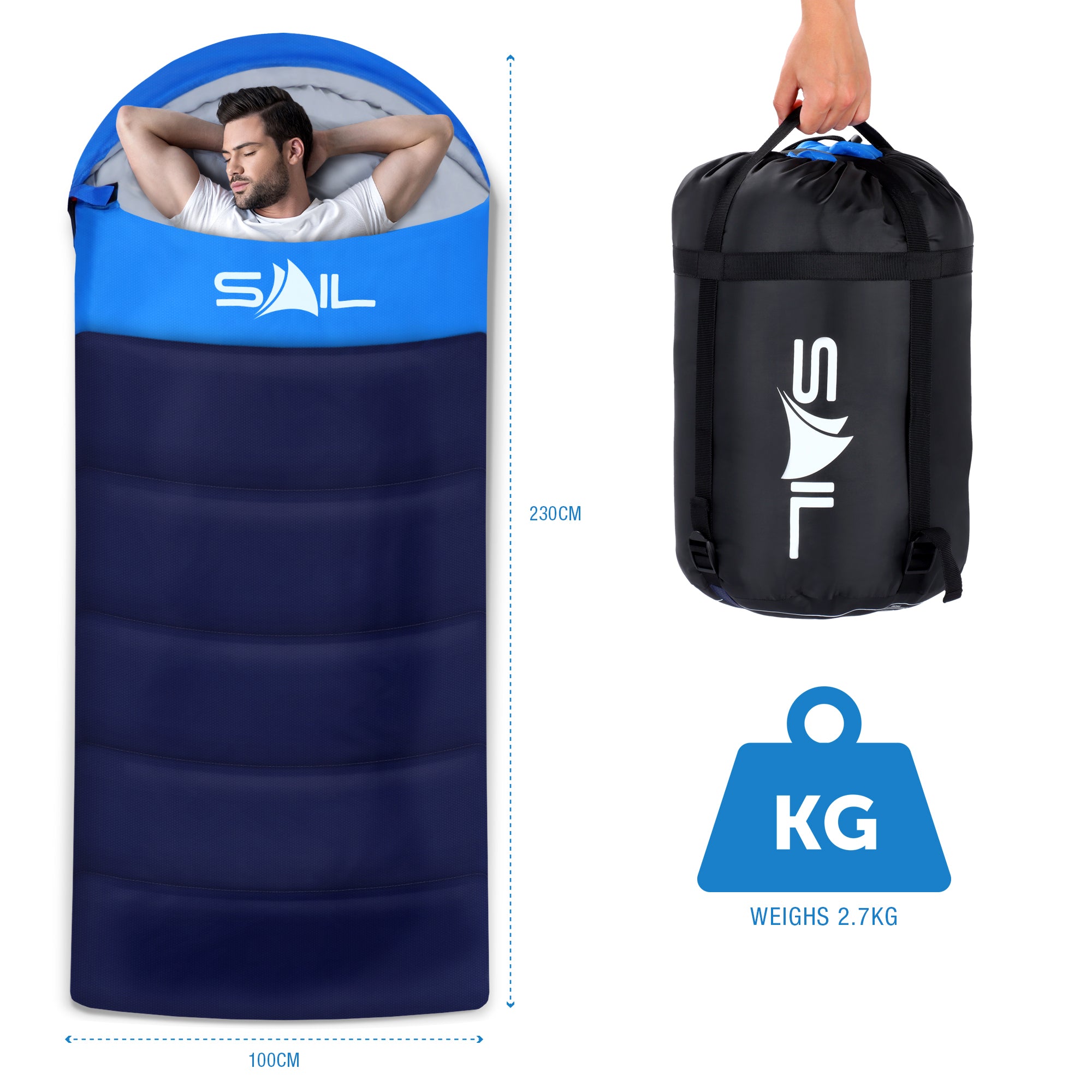 SAIL 'One X' Waterproof Sleeping Bag - Extra Wide for Big & Tall People - 3-4 Season