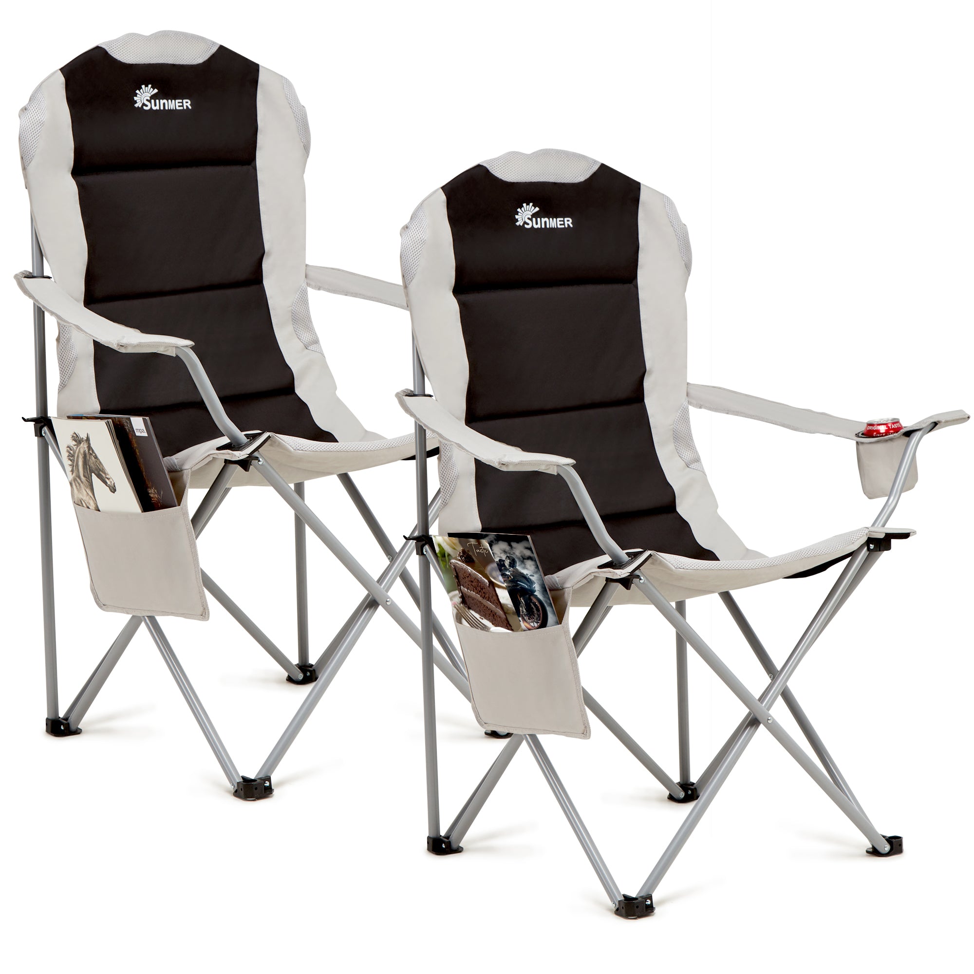 SUNMER Set of 2 Folding Padded Camping Chairs - Black & Grey