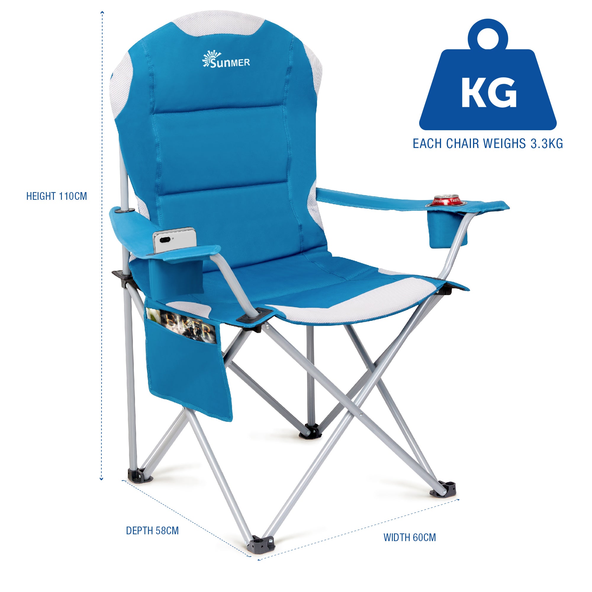 SUNMER Set of 2 Folding Padded Camping Chairs - Blue