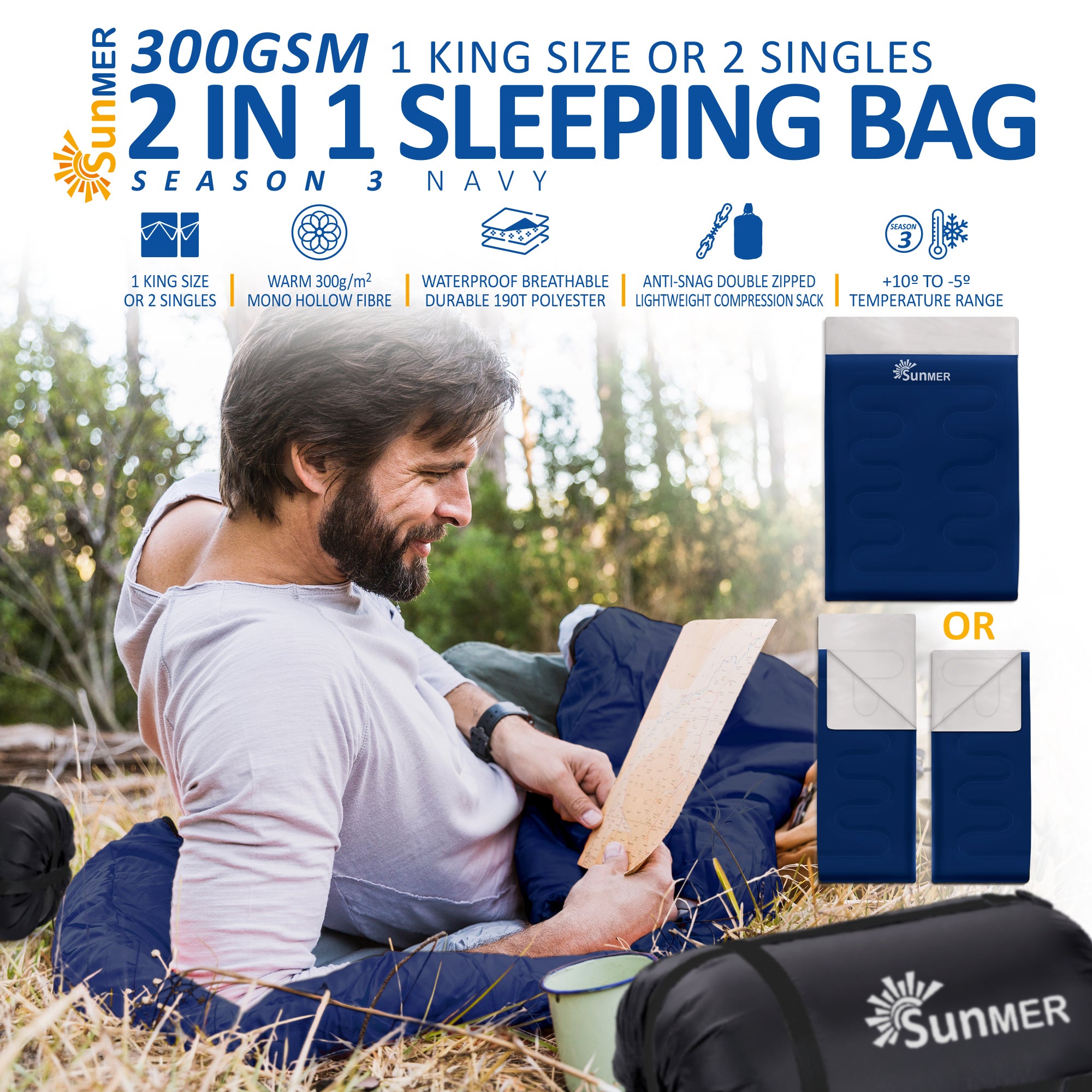 SUNMER Double Sleeping Bag - Converts into 2 Single Sleeping Bags - 4 Season 300gsm - Navy