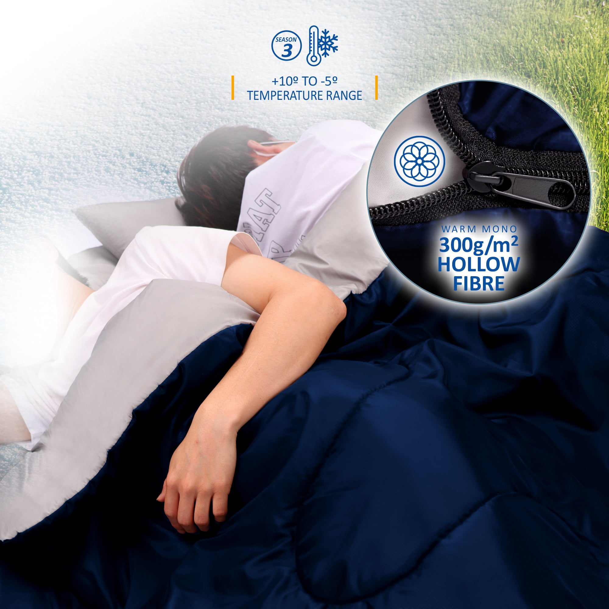 SUNMER Double Sleeping Bag - Converts into 2 Single Sleeping Bags - 4 Season 300gsm - Navy