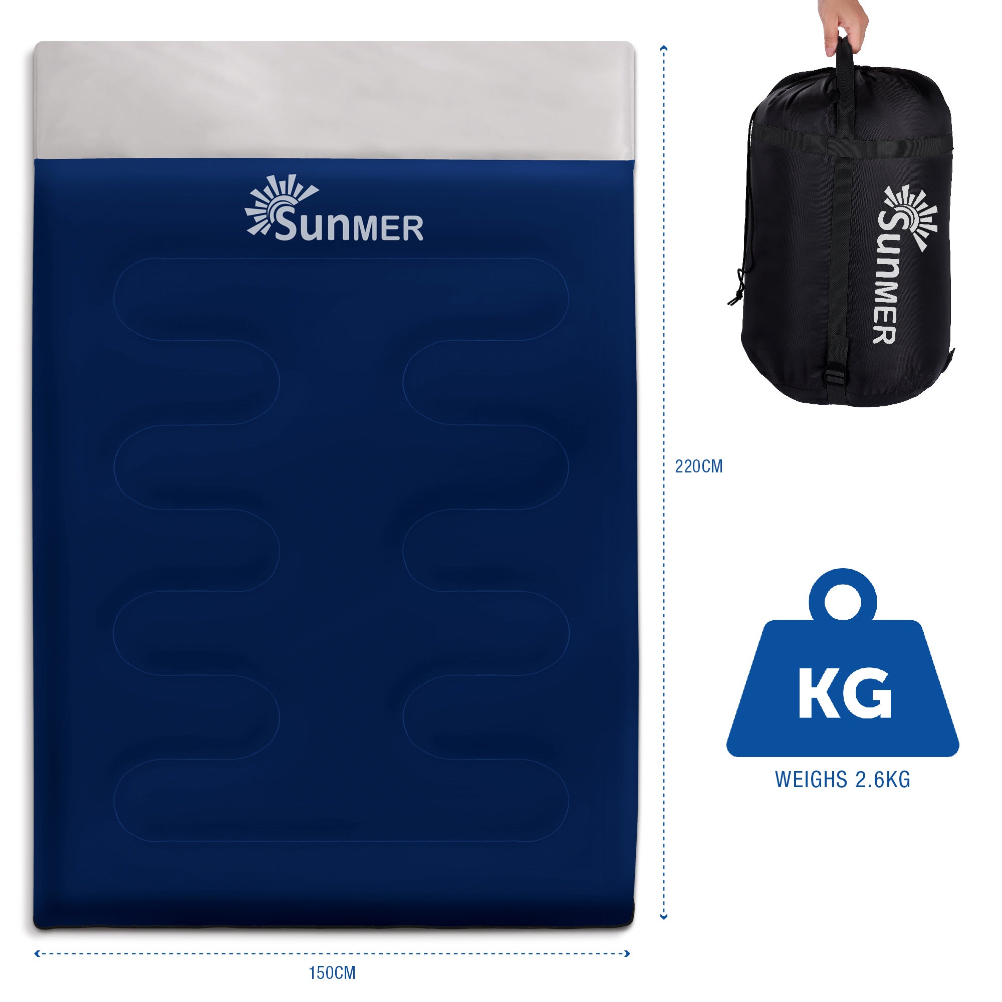 SUNMER Double Sleeping Bag - Converts into 2 Single Sleeping Bags - 4 Season 300gsm - Navy