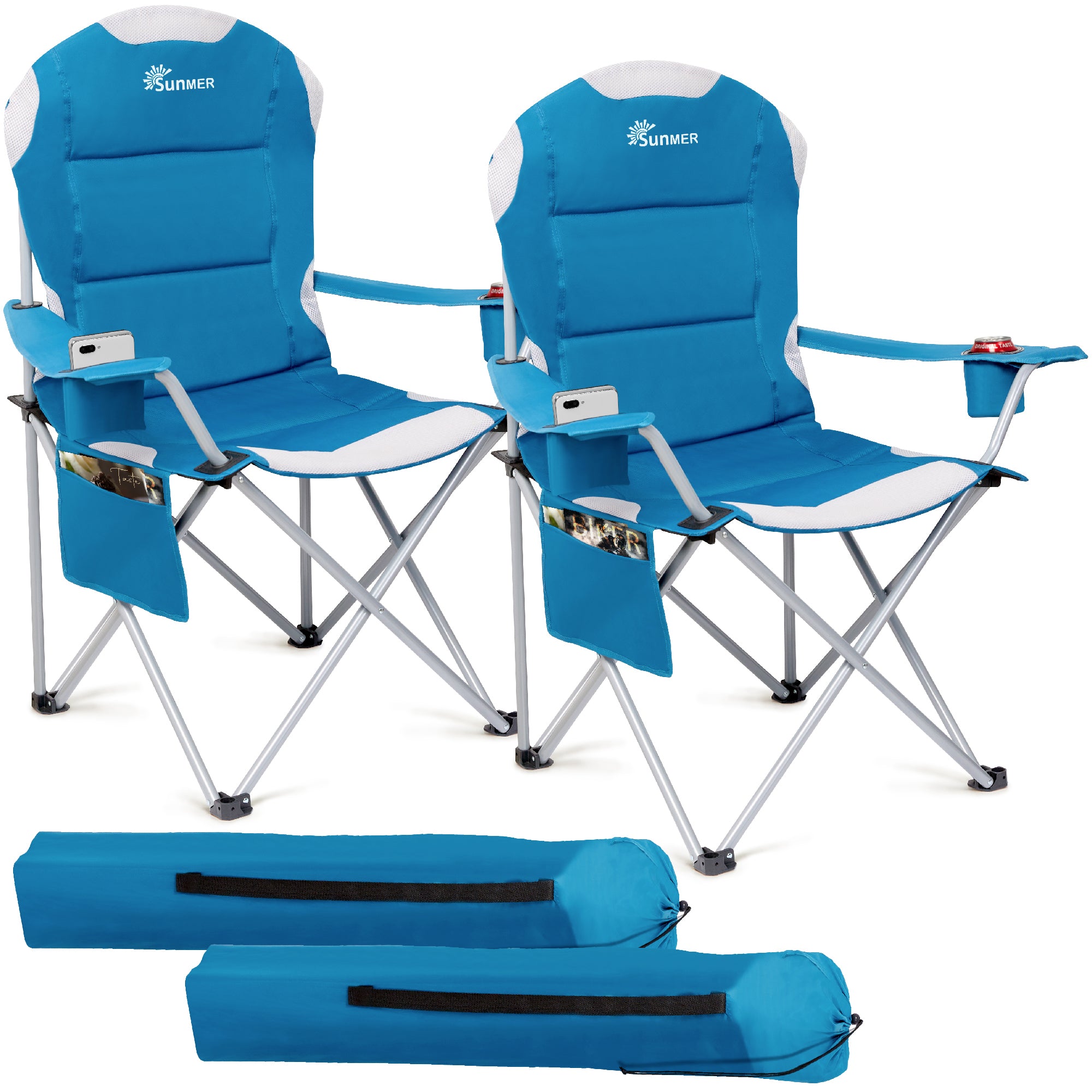 SUNMER Set of 2 Folding Padded Camping Chairs - Blue