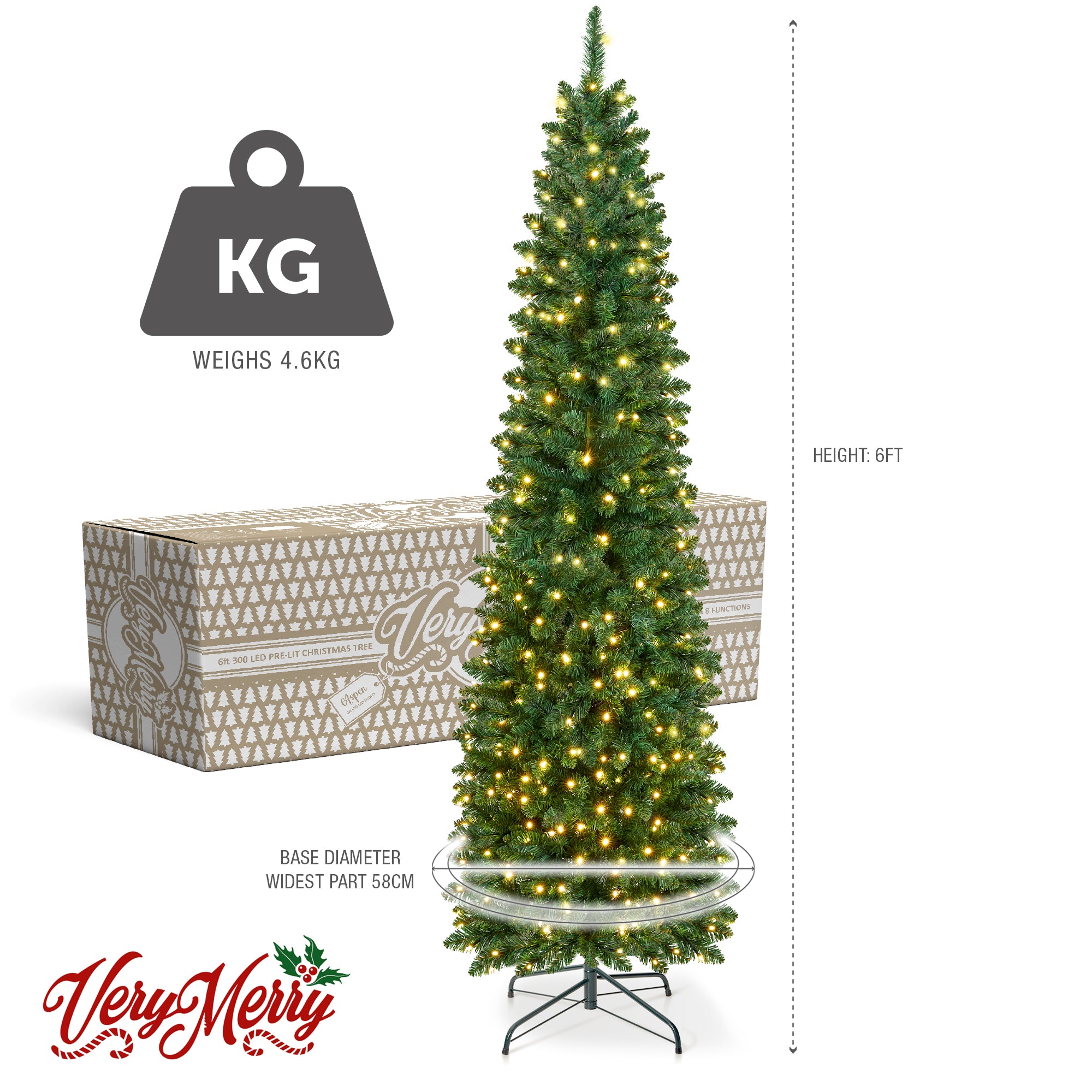 VeryMerry 'Aspen' Slim Pencil Pre Lit Christmas Tree Built-In Warm White LED Lights