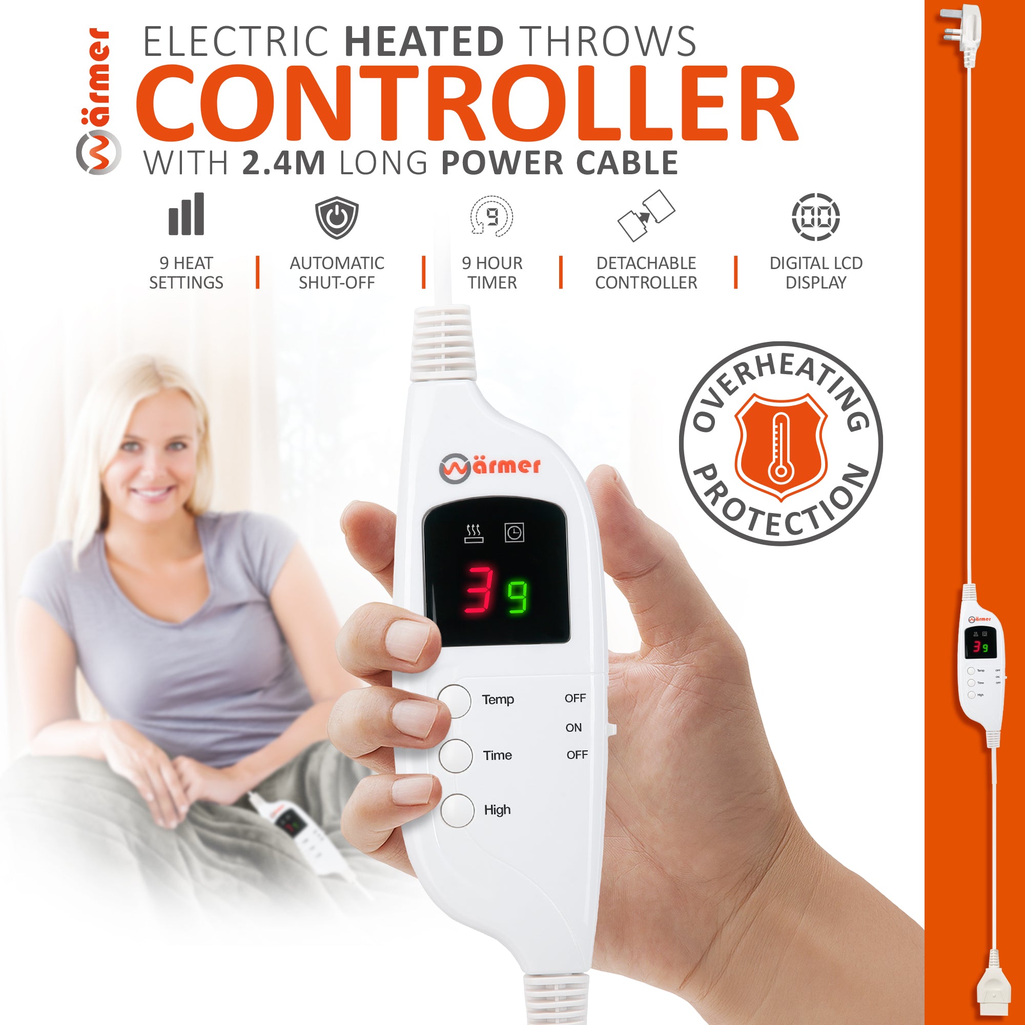 Wärmer Electric Heated Throw Blanket Digital Controller Timer, 9 Heat Setting, Auto Shutoff