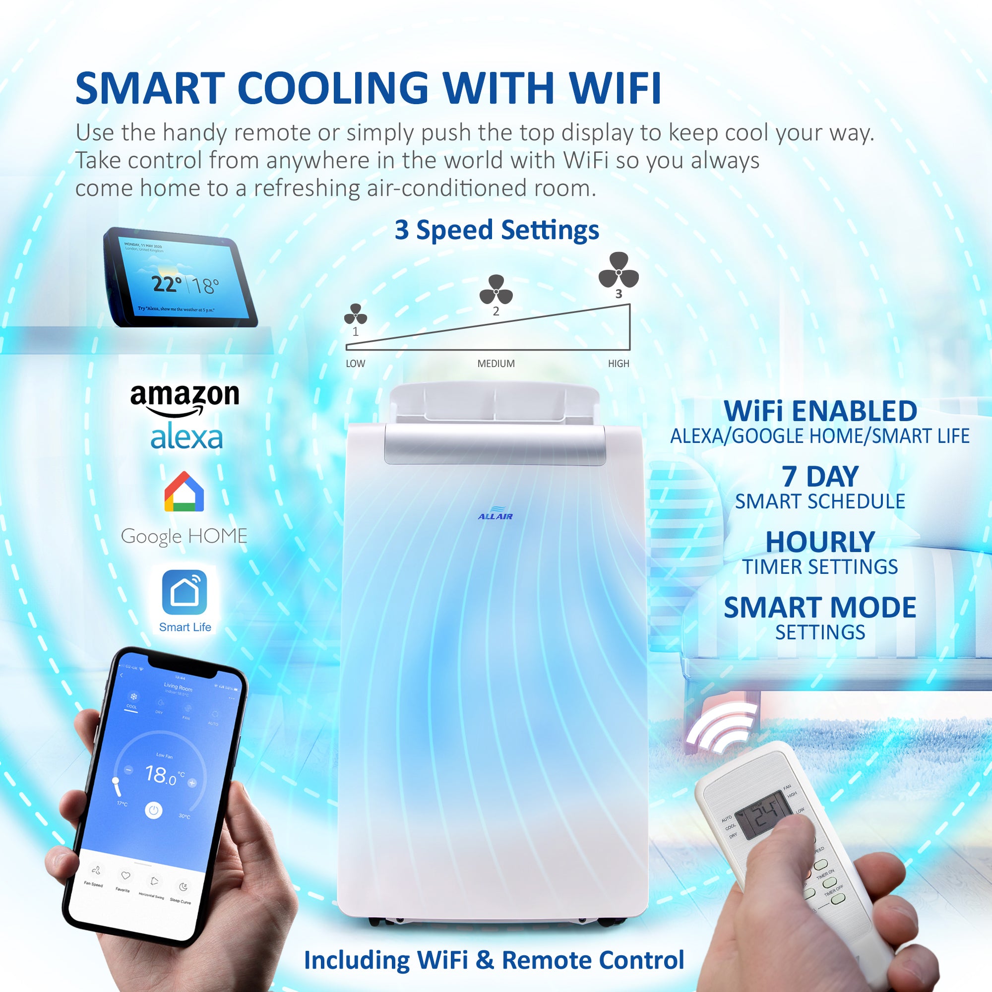 ALLAIR 12000BTU Smart Portable Air Conditioner Unit Remote - App Control