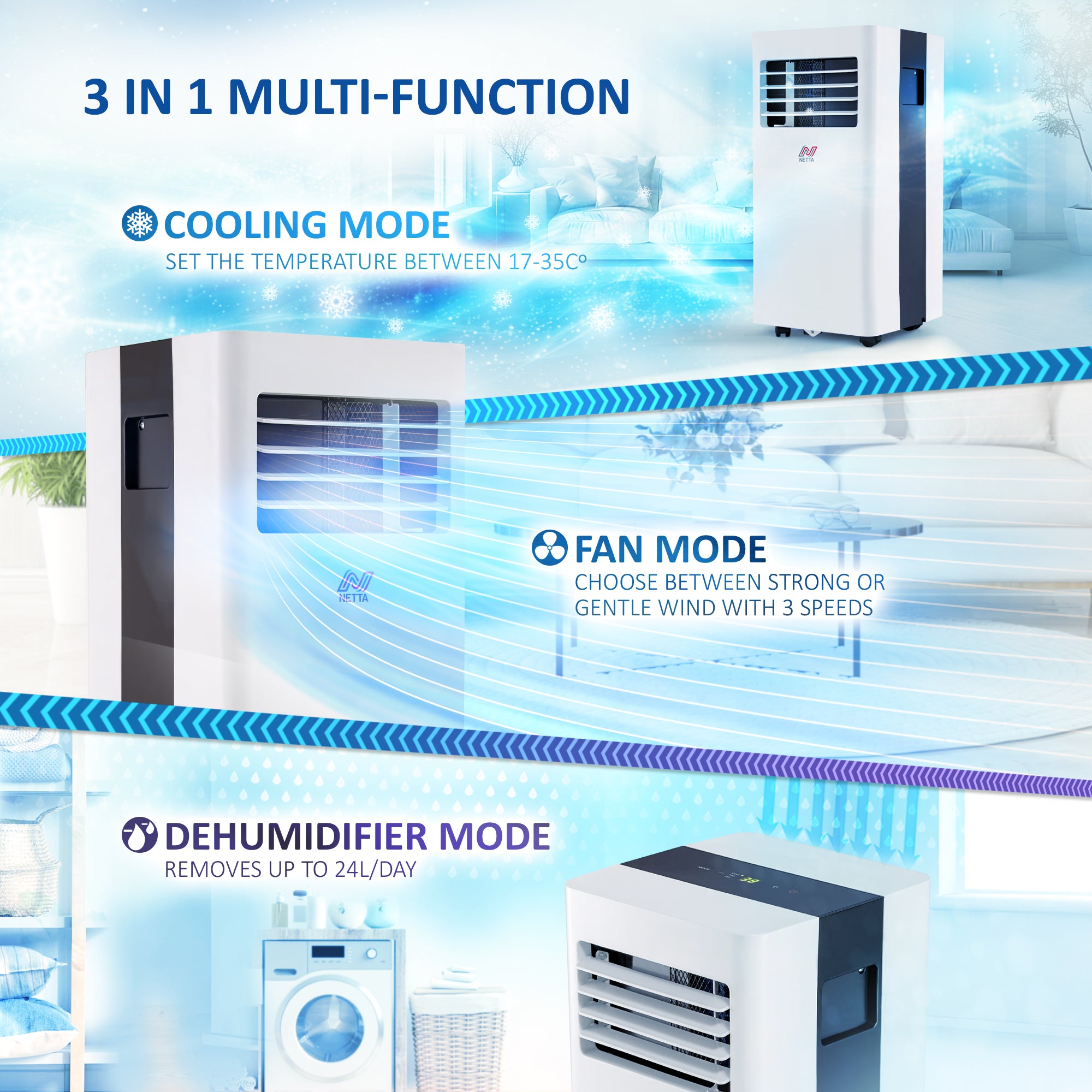 NETTA Portable Air Conditioner 8000BTU Air Con Unit for Rooms up to 20sqm