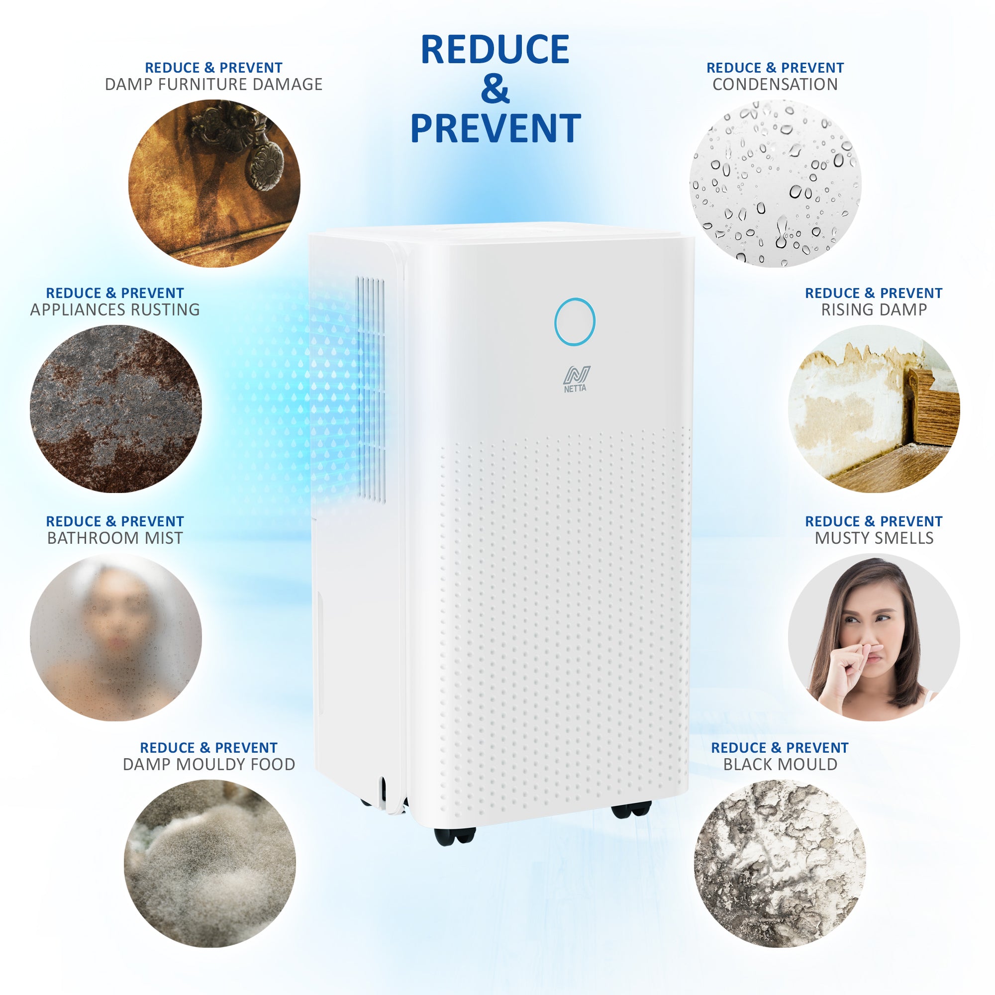 NETTA Dehumidifier 12L Day - Low noise, Air Filter, Continuous Drainage