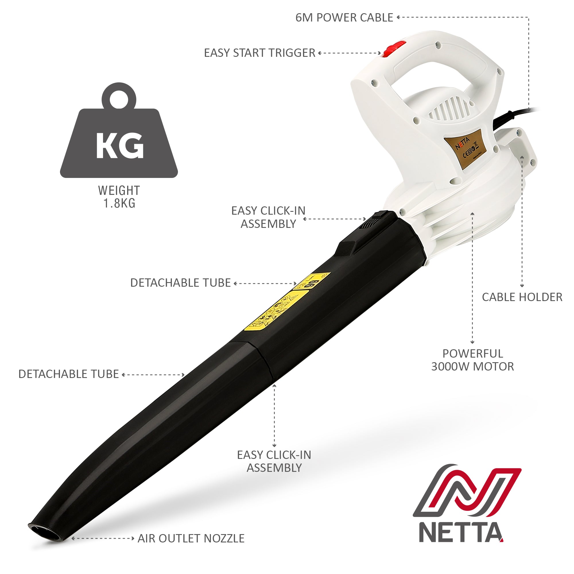 NETTA Lightweight Leaf Blower - 3000W