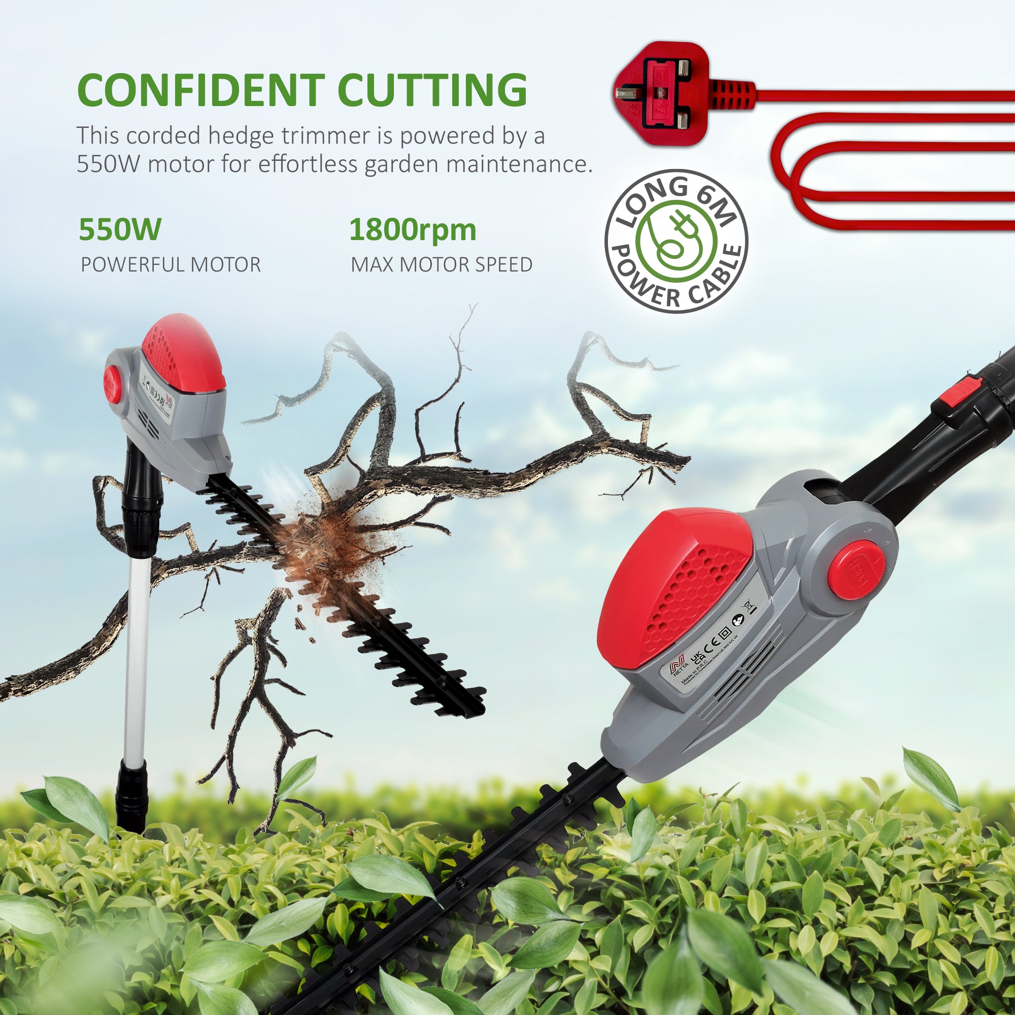 NETTA 550W Corded Pole Hedge Trimmer with 2.7M Extendable Reach